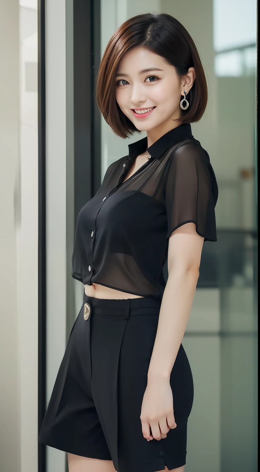 (8K、Top image quality、masterpiece:1.2)、(realisitic、Photorealsitic:1.37)、The ultra-detailliert、独奏、1girl in、full body Esbian、in her 20s、Young OL beauty、Black Office Blazer、Office Skirt:1.3、(panthyhose:1.2)、(Sheer button-down shirt shorts:1.2)、bra very、(panthyhose:1.2)、Alpha Layer、high-heels、Cute earrings、Cute Solo、(A smile:1.15)、(Keep your mouth shut)、F-cup、Cute face like an idol、beatiful detailed eyes、business clothes、(loose fluffy short hair,,,:1.2)、 Novafrog Style Floating Hair、Valley、 Poses variadas:1.2、Black pantyhose:1.5、Black bra:0.9、Background blur、Window side of background office、Workplace 1.3