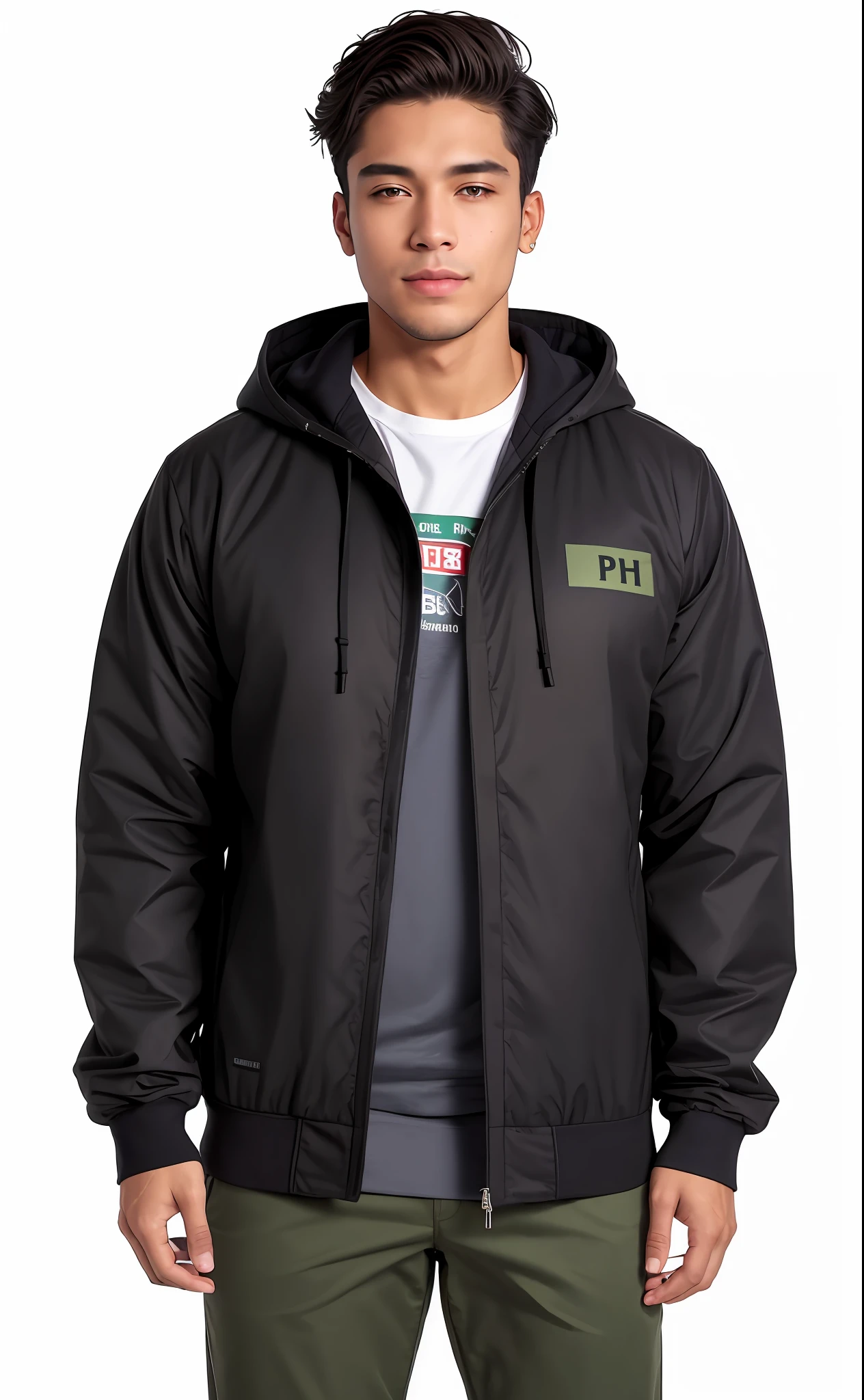A man in a black jacket and green pants standing, encapuzado, vestindo um moletom cinza com capuz, F / 2 0, Hoody, capuz, grafite, marrom, sweater, h 768, h 7 6 8, cinza escuro, usando capuz, foto retrato, Usado, Foto do produto, Pitt, h 7 0 4, item, F/2, F / 2