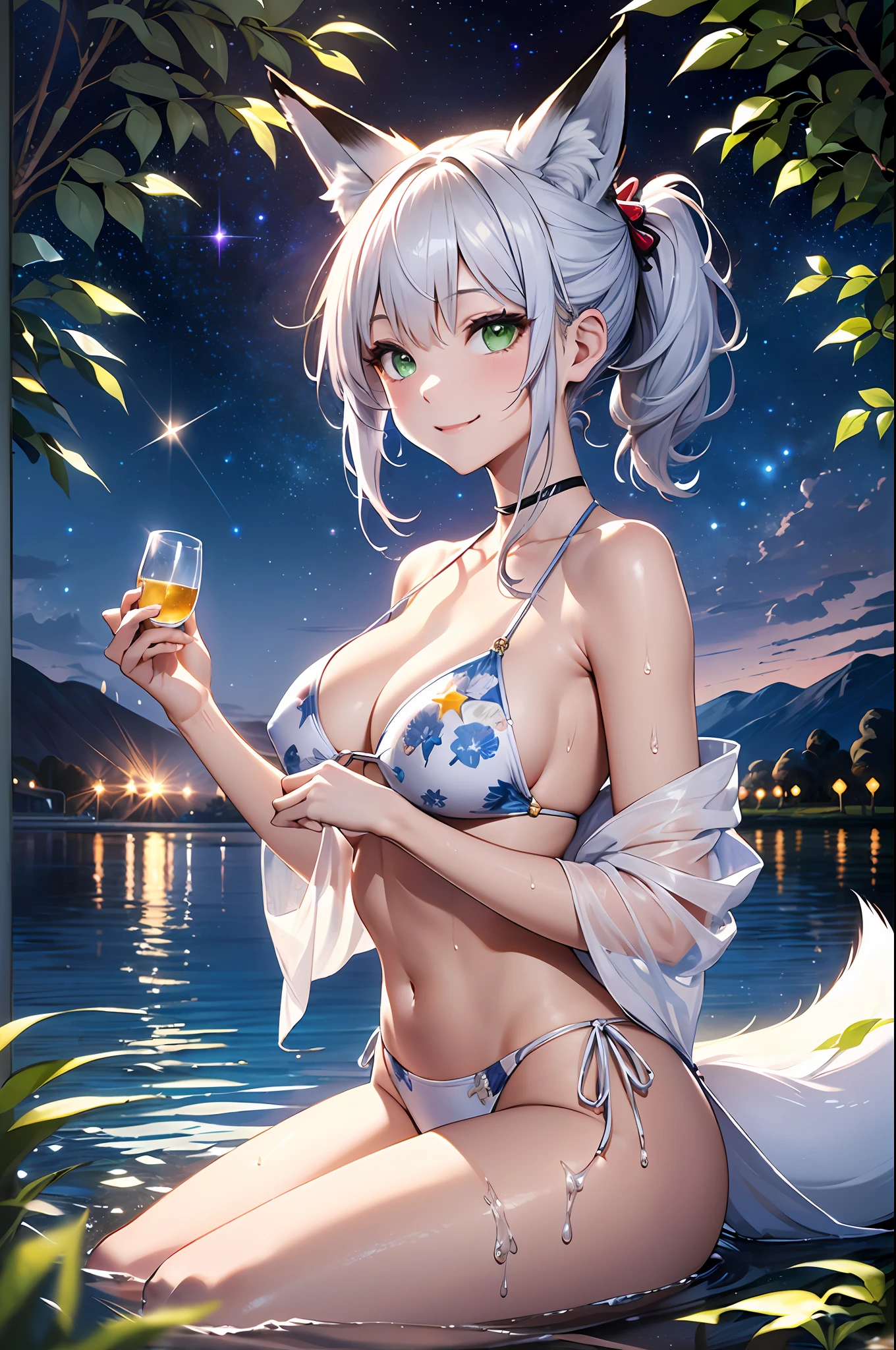 (top-quality、in 8K、32K、masterpiece、UHD、超A high resolution、Impresionismo、Photorealsitic:1.2)、Full body, mystical、(Dreamy starry night over a tranquil lake:1.4)、beauitful face、blurry backround、18-year-old beautiful girl、wet shiny skin, (1The fox tail of the book grows:1.3)、Wet beautiful silver hair、short-hair、(poneyTail:1.3)、Deep green eyes、Fox ears、Wet and sheer white floral bikini swimsuit、hair adornments、kindly smile、(beautiful nipple slips:1.1)、耳Nipple Ring、Gentle smile、Curve、