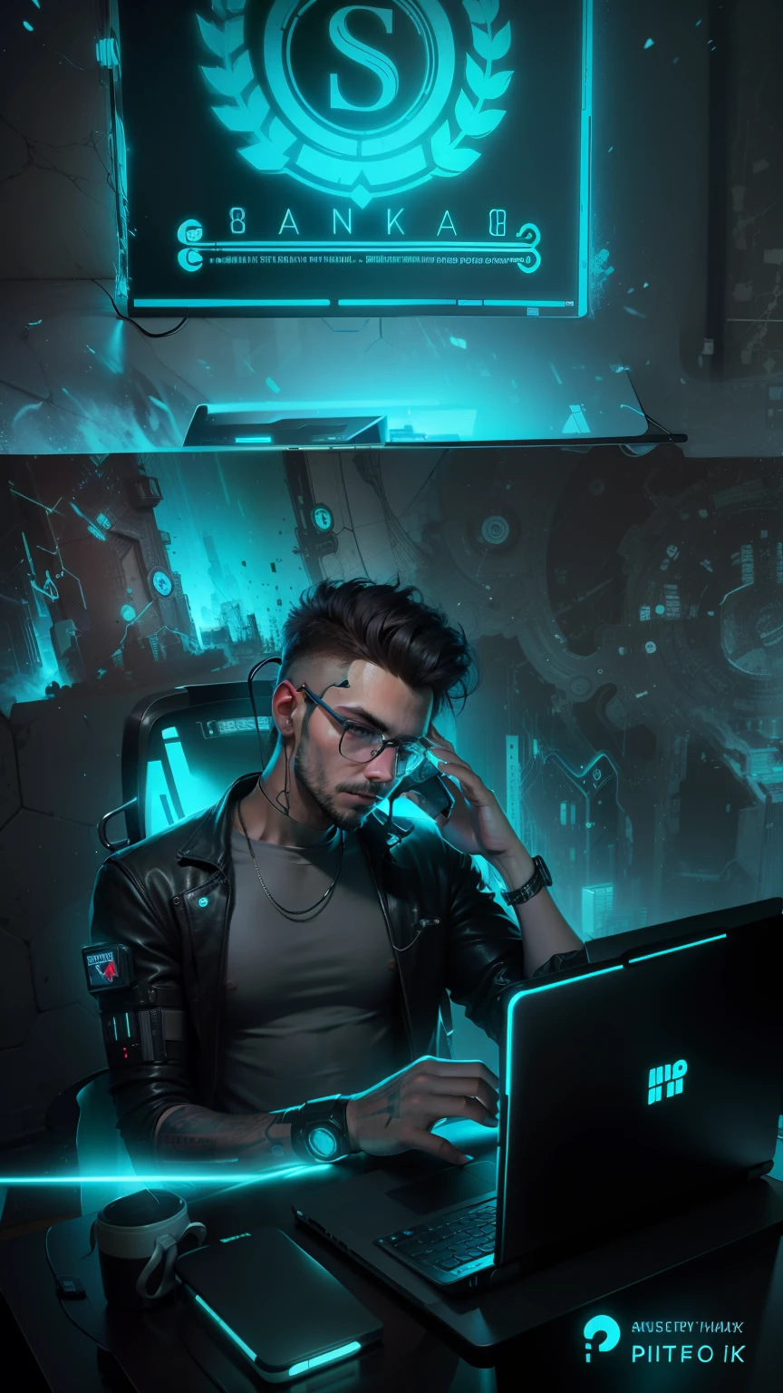 A boy sitting n chair doing work on laptop, change background, cyberpunk, 8k, ultra realistic, realistic, 8k