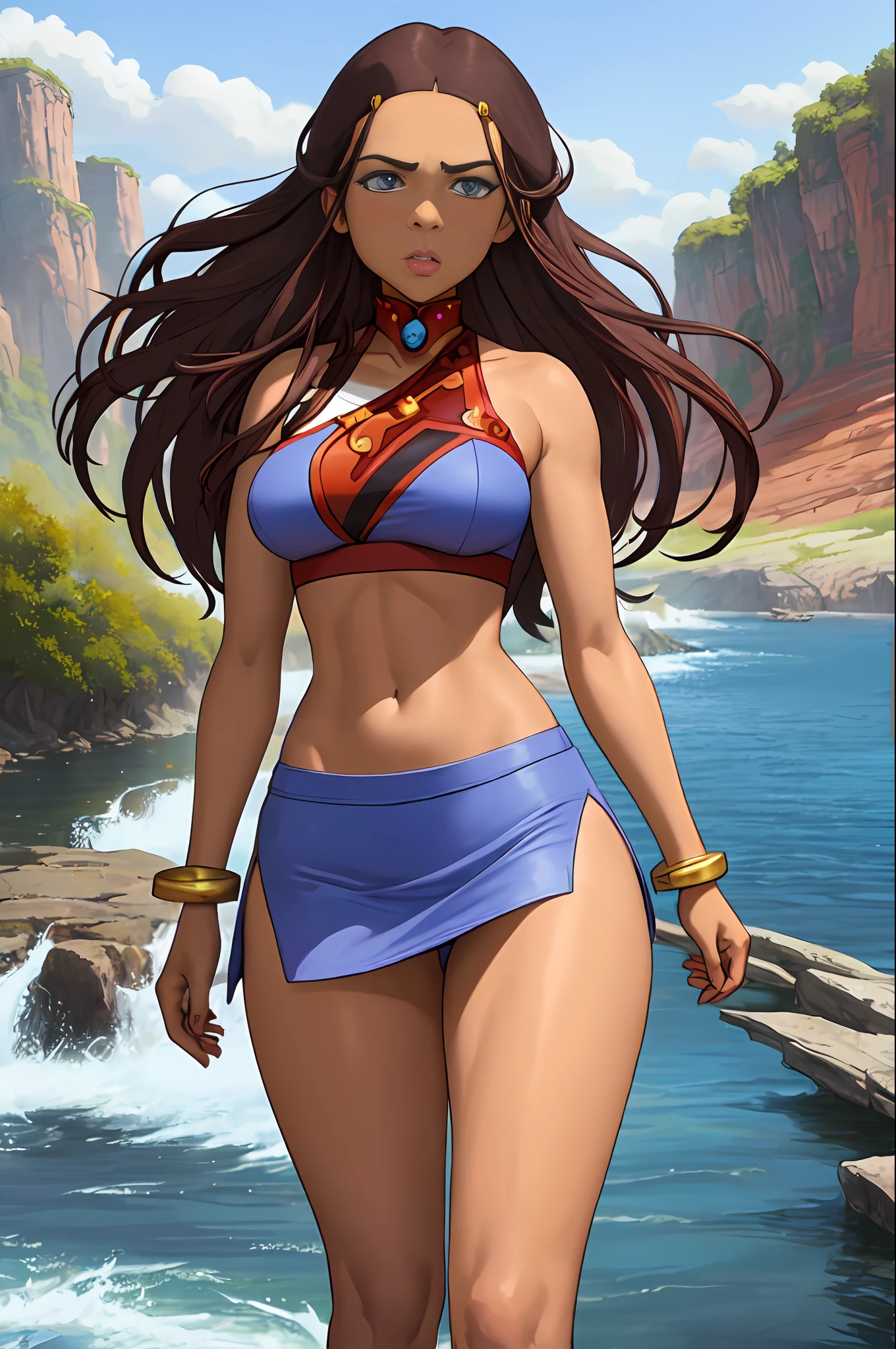 masterpiece, best quality, highres, highest quality, absurdres, kataras3, dark skin, traditional media, (painting \(medium\)), bracelet, long hair, brown hair, crop top, midriff, navel, sharp expressive eyes, ((miniskirt)), ((show legs)), ((no panties)), perfect face, wide hips, thick lineart, atmospheric lighting, smooth, beautifully detailed riverbank background, cinematic composition, Joe Madureira