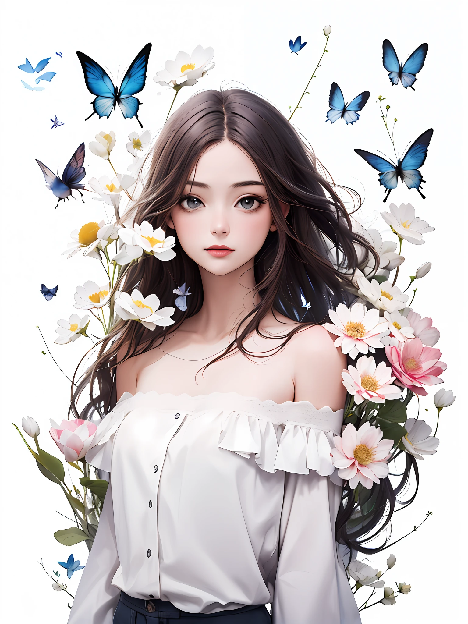 ink ,scenery(masterpiece, best quality, highres), break
(1girl, long hair, floating, upper body, off shoulder), (white background, flower, scenery), BUTTERFLIES, COLORFUL FLOWERS, BIRDS