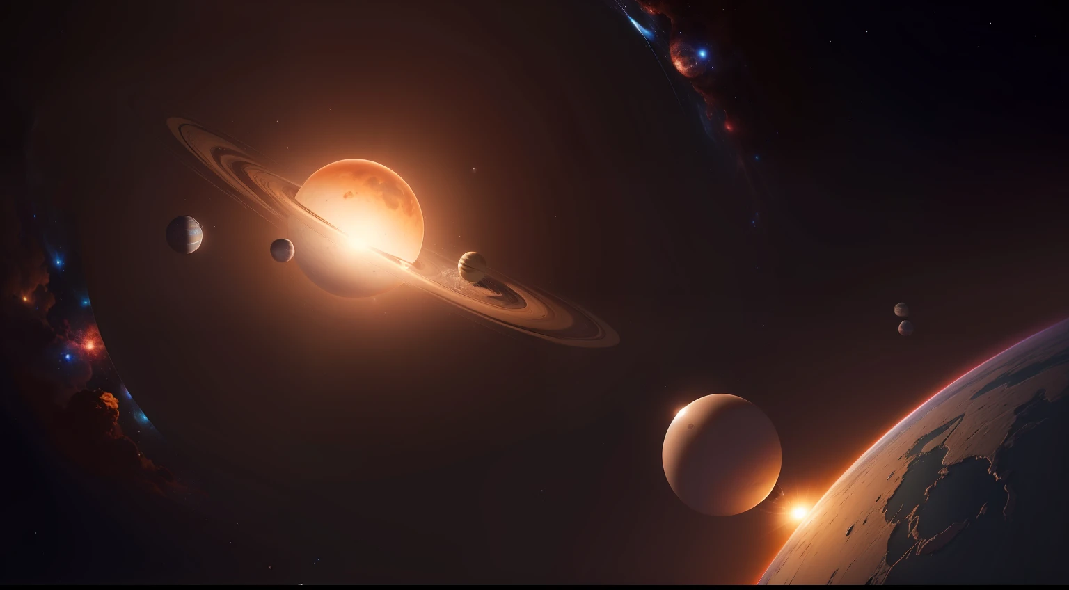 Realistic image of the solar system seen from outside the system; Cinematic; 8k; view of the planets in real scale. nebula multicolered in background