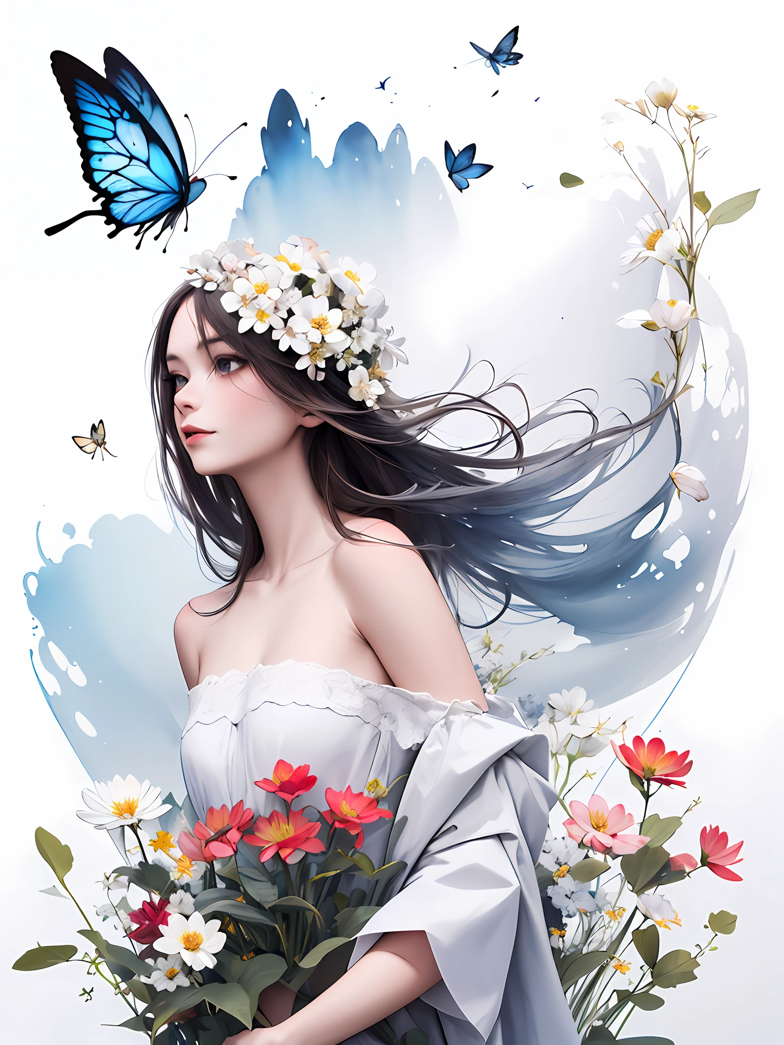 ink ,scenery(masterpiece, best quality, highres), break
(1girl, long hair, floating, upper body, off shoulder), (white background, flower, scenery), BUTTERFLIES, COLORFUL FLOWERS, BIRDS