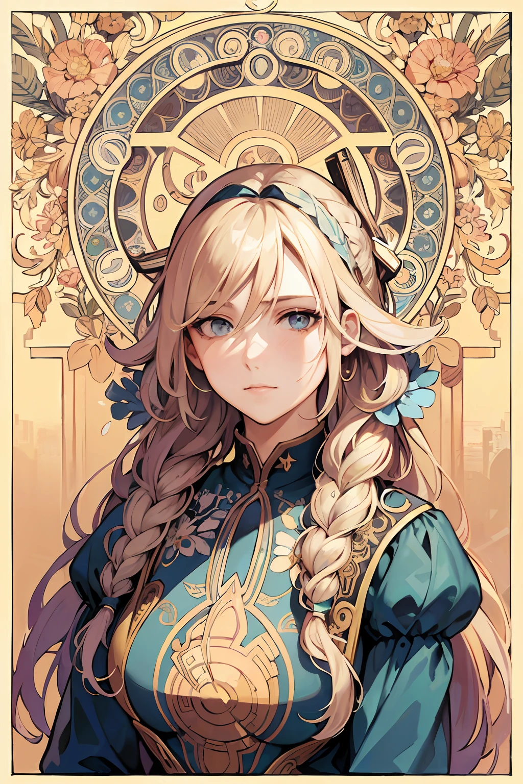 Facial portrait of a European woman,Hold a walkie-talkie,antennas,with long coiled hair,blond hairbl,Floral frame,Decorative panels,abstract artistic,Alphonse Mucha(tmasterpiece,best qualtiy,A high resolution:1.4),A detailed,complexdetails,4K,splash of color,line art,Fibonacci,