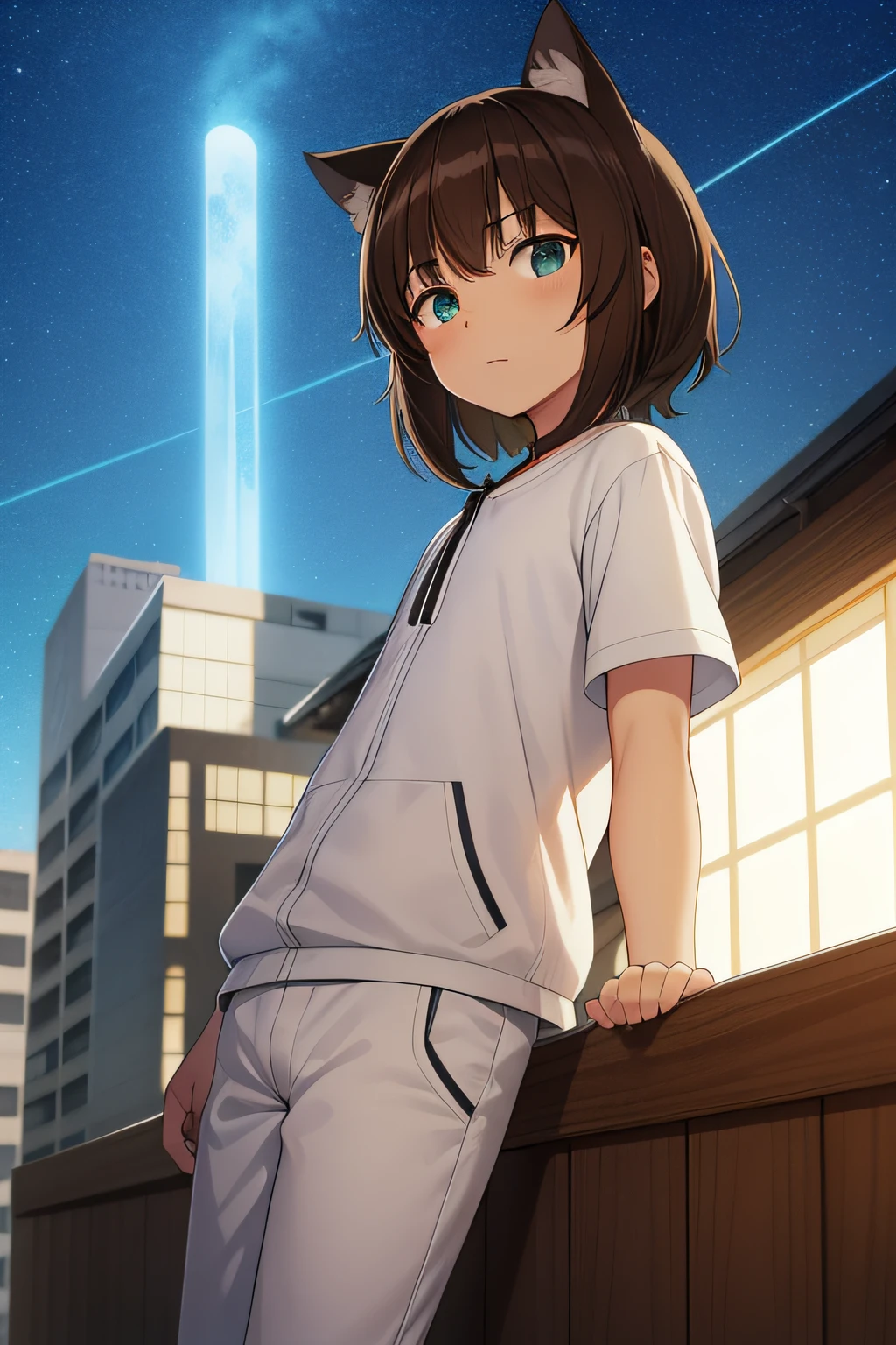 Chico gato blanco, ojo izquierdo verde, ojo derecho azul, anime, Fursona, peludo, kemono, delgado, tierno, 10 years old, brown hair, hombre, sentado en el techo de un edificio por la noche mirando hacia el cielo