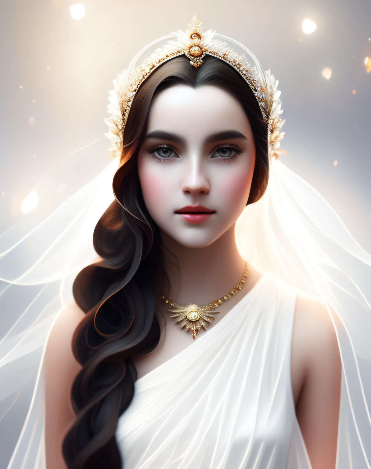 There is a woman with long hair and a white dress, Greek mythical queen, digitalpainting, digital fantasy portrait, beste-Qualit, tmasterpiece, hight resolution, a necklace, Ornaments, beatiful face, on body, Tyndall effect, realisti, Shadow Studio, rim lighting, Digital Painting, renaissance digital painting, Soft Digital Painting, digital art portrait, hiquality, surround light, Hidden snapshot, photo, hight resolution, 4k, 8K, background blur