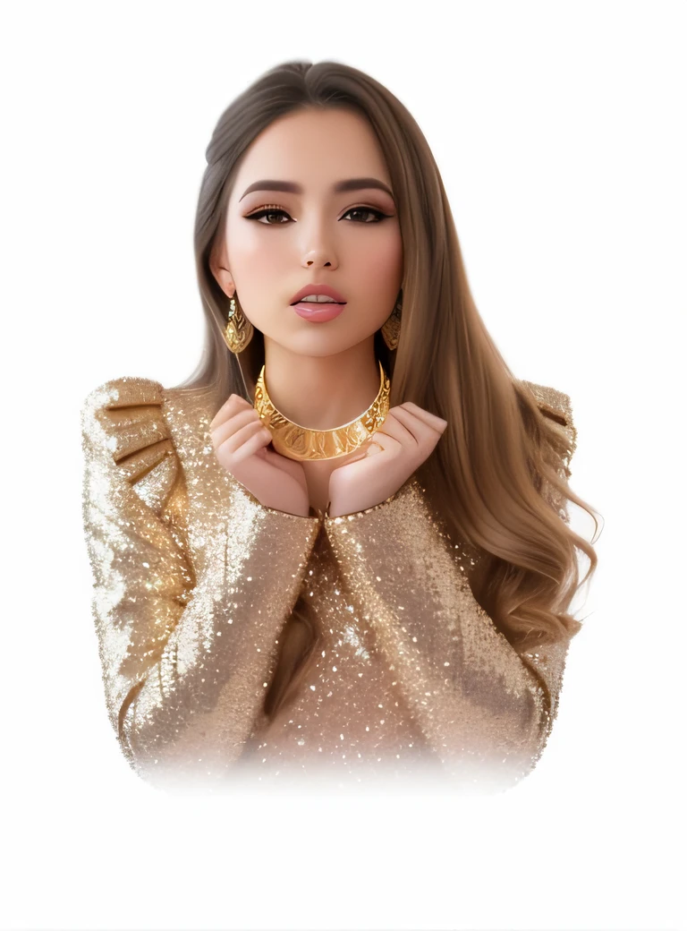 Araffe woman blowing a kiss with her hands while holding a small gold object, con manos perfectas y sin dedos defectuosos, Pokimane, Lentejuelas, brillar, Mujer linda, photo of a hand jewellery model, Gif Glitter, Cute little girl, blanco bg, comer, Glittery, Sosteniendo oro, con un vestido brillante, oro, girlish, Alexandra Waliszewska, unique design