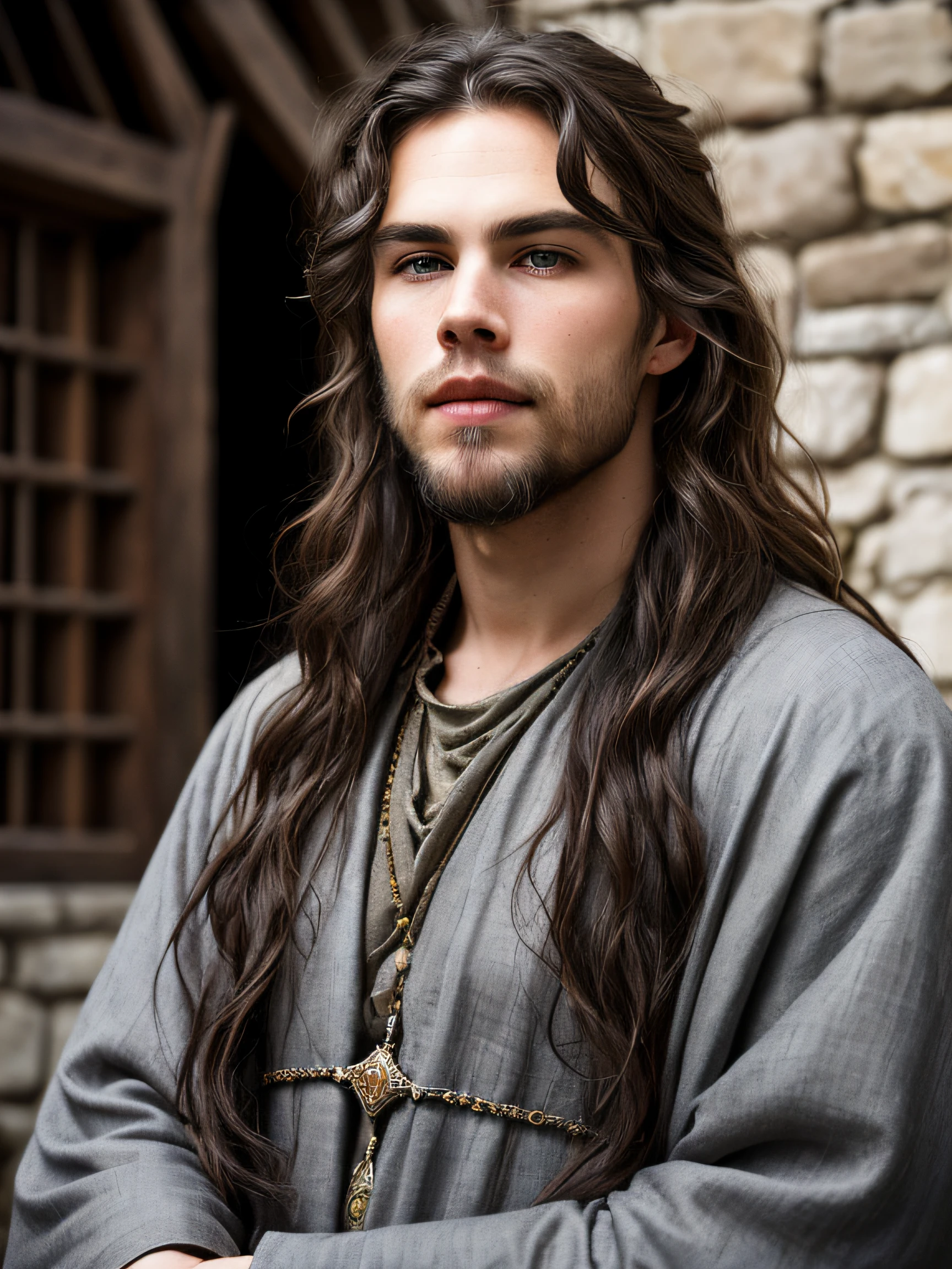 A (portrait photography: 1.2) close up portrait of a mix between Austin Butler and Ian Somerhalder as a charming 30 years old medieval fantasy male, pale skin, very long wavy shabby black hair parted in the middle, incredible grey eyes, long arched eyebrows, thick lush beard, adult facial hair, fantasy clothes, intense look, fascinating, slim and athletic, in a big medieval fantasy city, overcast, cinematic lighting, Canon EOS 5D Mark IV