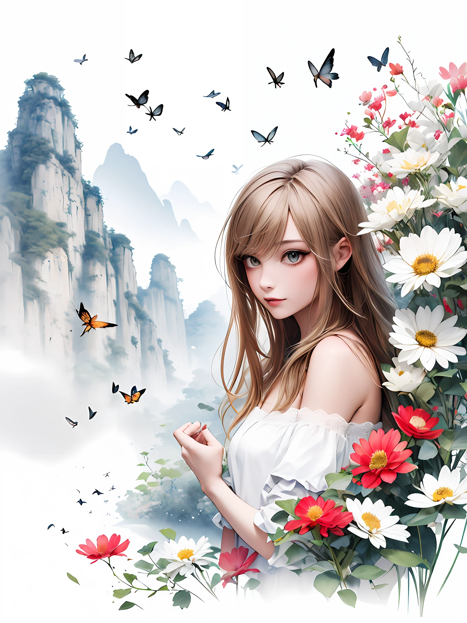 ink ,scenery(masterpiece, best quality, highres), break
(1girl, long hair, floating, upper body, off shoulder), (white background, flower, scenery), BUTTERFLIES, COLORFUL FLOWERS, BIRDS