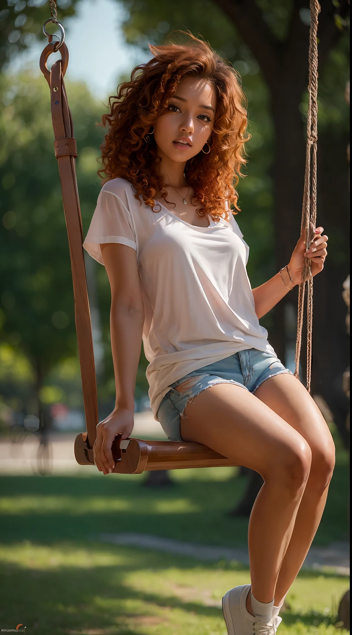 25 year old woman, brown, tall, ultra resolution, 4k, transparent white t-shirt and shorts, ultra resolution, 4k, medium breasts ultra realistic, red curly hair, on a swing in the park, ultra realistic, 8k