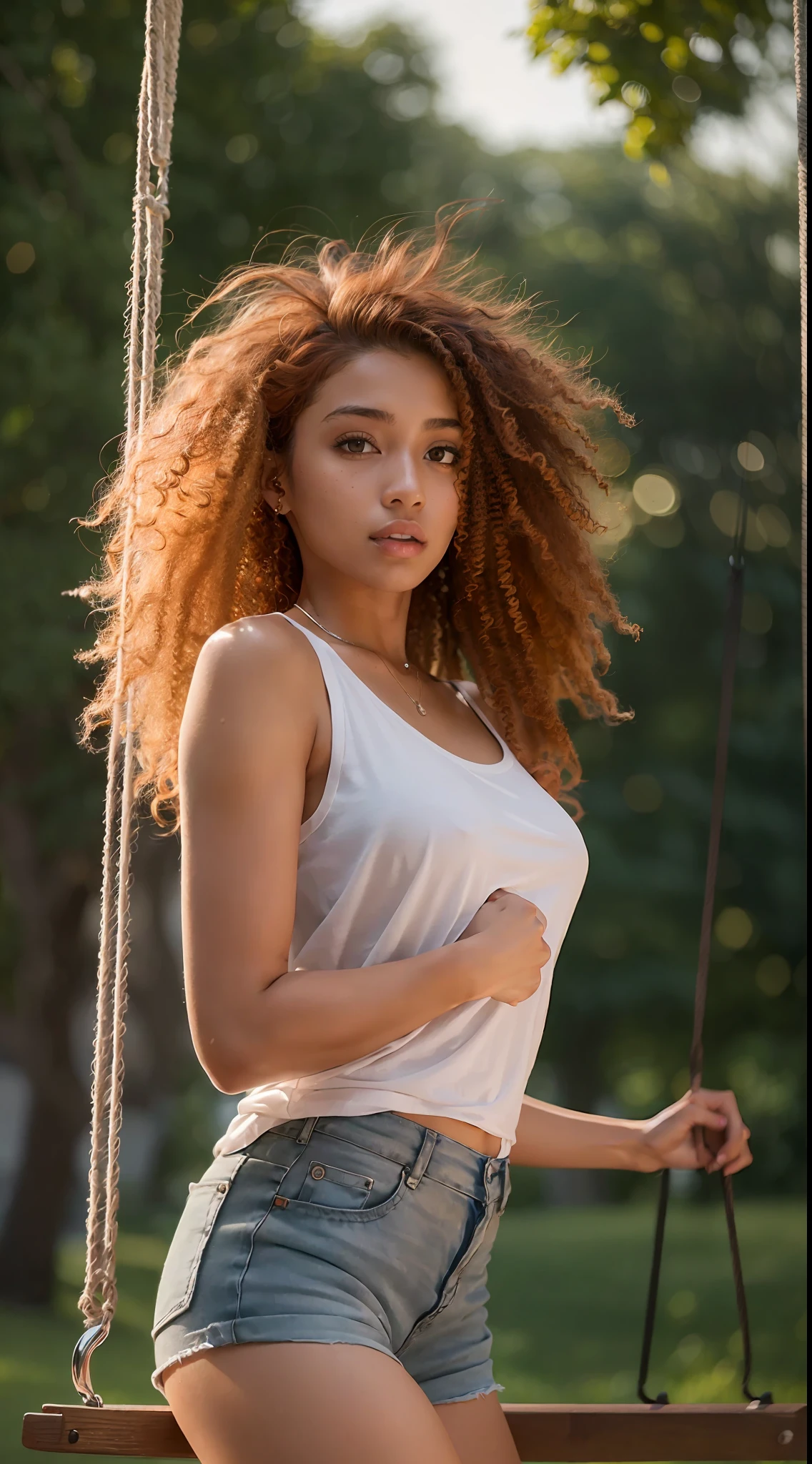 25 year old woman, brown, tall, ultra resolution, 4k, transparent white t-shirt and shorts, ultra resolution, 4k, medium breasts ultra realistic, red curly hair, on a swing in the park, ultra realistic, 8k