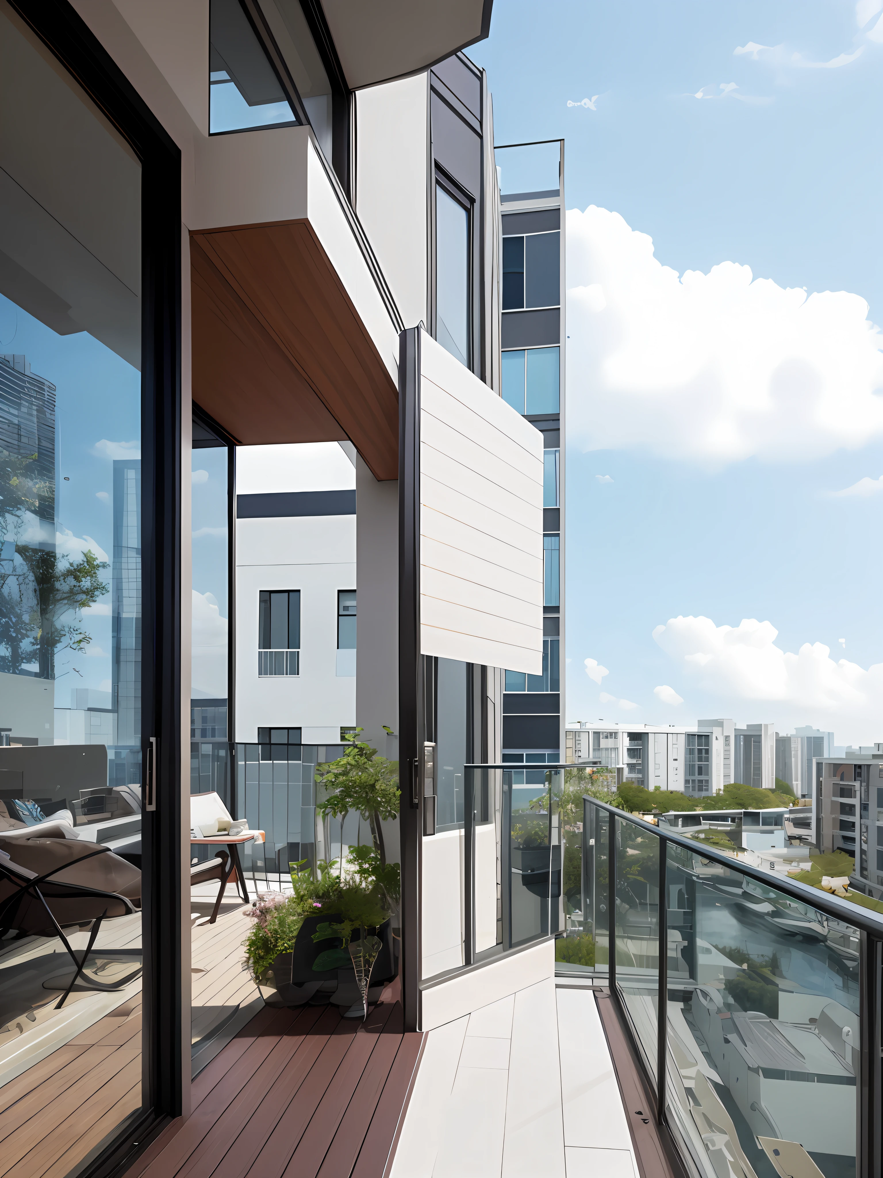 From living room to balcony, condominium, late morning, realistic, futuristic, sky, cloud, (ulzzang-6500:1.0) 
(8K, masterpiece), (best quality), (high quality), (hires:1.4), (extremely full detailed)