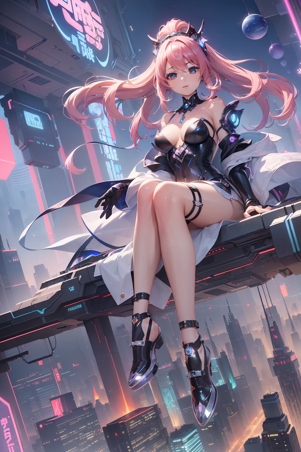 (((​masterpiece)))、(((top-quality)))、((ultra-definition))、(High Definition CG Illustration)、((extremely delicate and beautiful))、City of the Future、Cinematic Light、独奏、cyberpunked、2040s、animesque、Dreamy girl、rainbow hair、witch style、magic circles、Magical space、trending on artstationh、Rachel Walker、