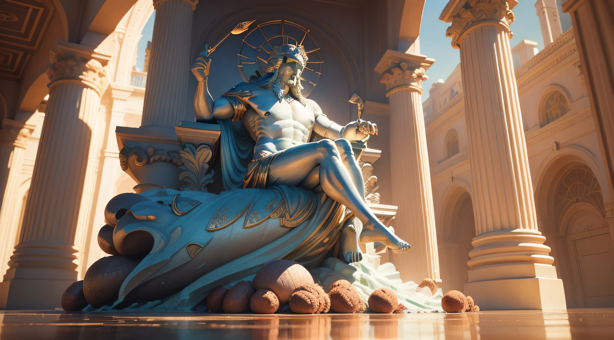 ((melhor qualidade)), ((realista)) (detalhado: 1.4) Create high-definition art that depicts the divine statue of Poseidon, o deus do mar, com pilares decorados com conchas e corais ao seu redor. The statue should display its grandeur and serenity while holding its trident, symbolizing his dominion over the waters, 3D-rendering , Beeple e Tim Hildebrandt, Artgem e Beeple Masterpiece, Realismo | Bipe, Estilo Beeple, em estilo de bipe