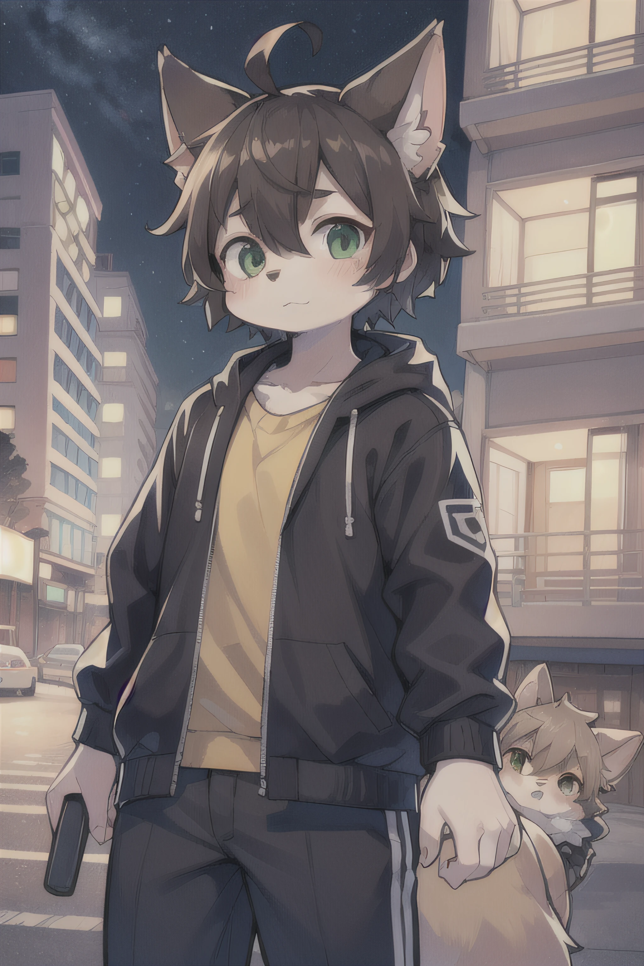 Chico gato blanco, ojo izquierdo verde, ojo derecho azul, anime, Fursona, peludo, kemono, delgado, tierno, 10 years old, brown hair, hombre, sentado en el techo de un edificio por la noche mirando hacia el cielo