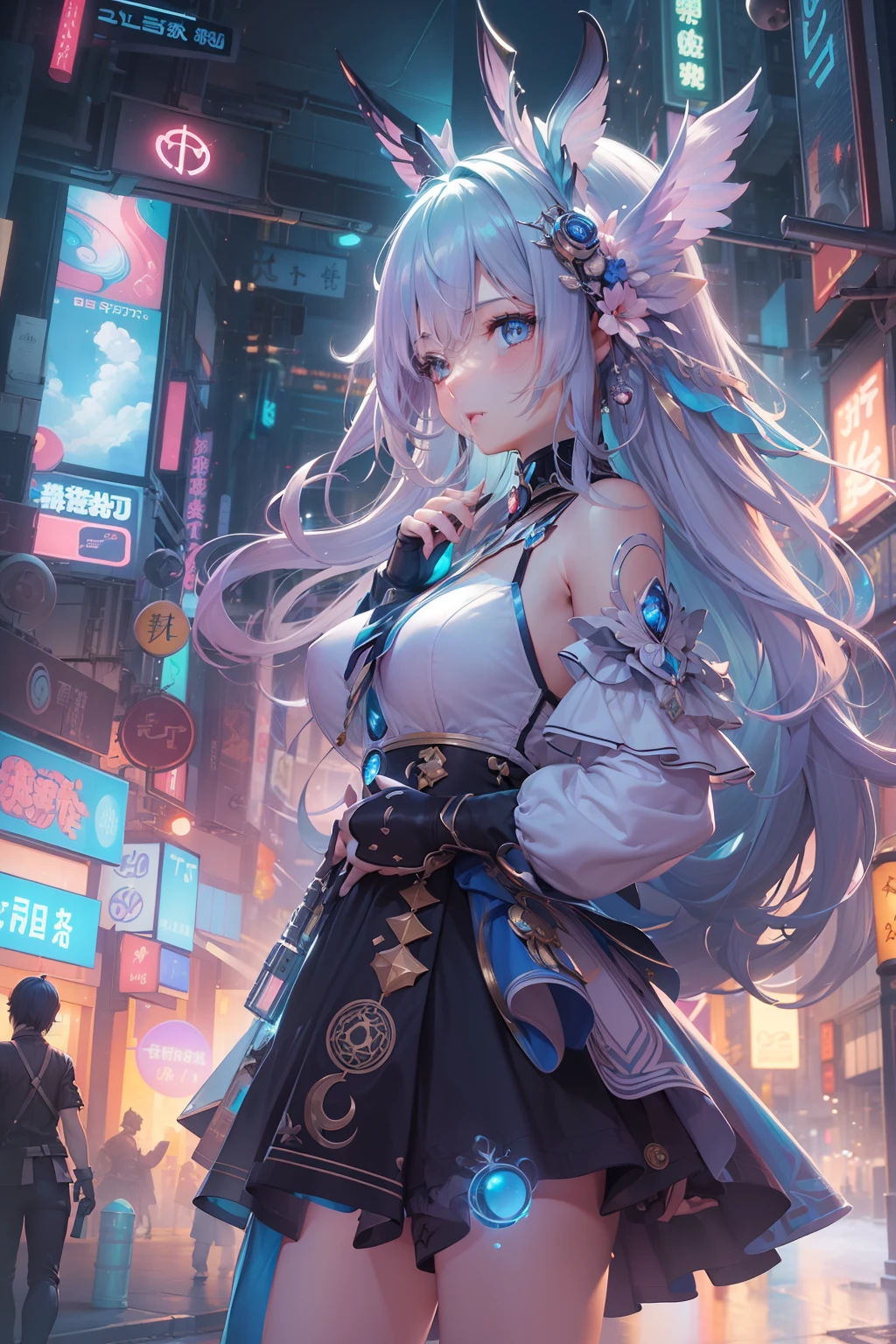 (((masterpiece)))、(((top-quality)))、((ultra-definition))、(High Definition CG Illustration)、((extremely delicate and beautiful))、City of the Future、Cinematic Light、独奏、cyberpunked、2040s、animesque、Dreamy girl、rainbow hair、witch style、magic circles、Magical space、trending on artstationh、Rachel Walker、