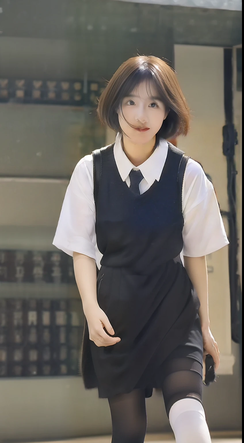 high-level image quality、8K、1 female、Personal picture、Beautuful Women、Classroom、、short hair girl、Skirt above the knee、jpn、Wearing black silk knee-length socks、1 persons、校服、white short sleeve、bob hair、high-heels
