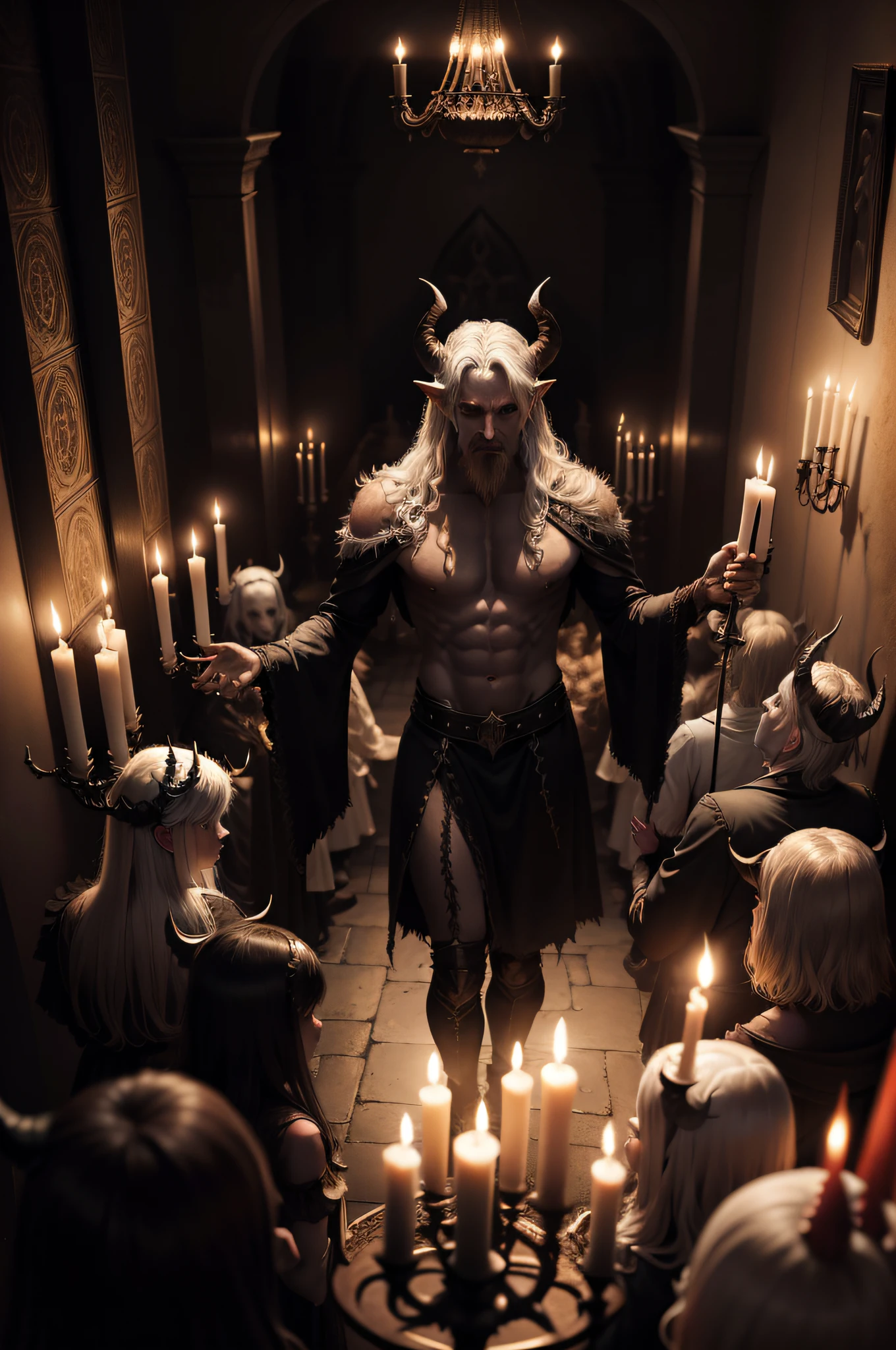 a group of horned men standing in a dark room with candles, satan in hell, Fit male demon with white horns, demons of hell, scary horrifying satanic rituals, satanismo, Rei do inferno, Satanic ritual, O Rei do Inferno, fundo do inferno, An affable demon among demons, ron desantis as satan, Retrato de daemons, Satanic interior of the church