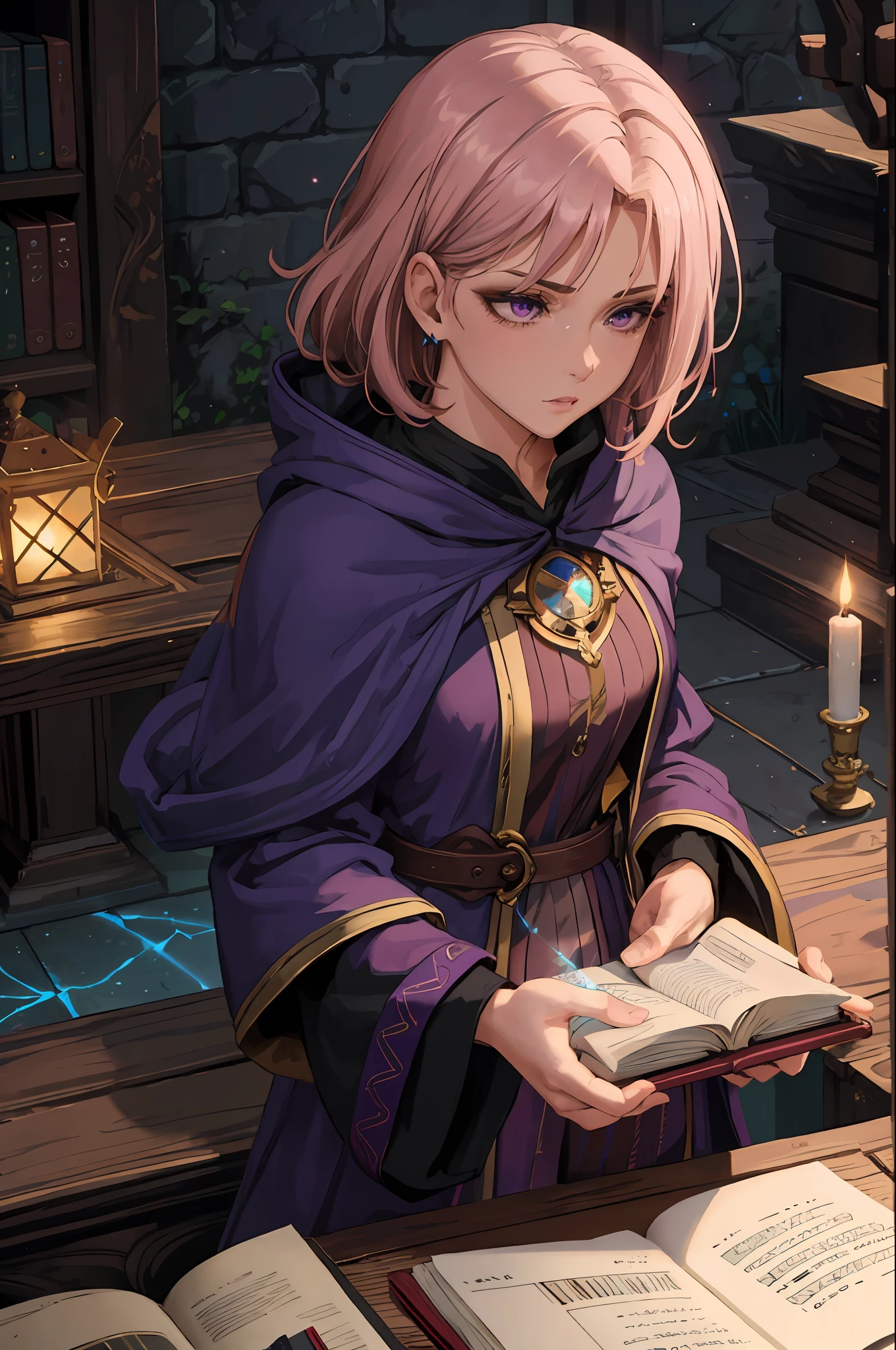 (best quality, masterpiece:1.2), photorealistic, thick outlines, strong shadows, 1 girl, adult woman, purple eyes, dark blonde lob hair, looking down, solo, upper body, detailed background, detailed face, evil mage, pink magical robes, determined expression, purple color scheme, dark green light, library, evil book, dark atmosphere, shadows, realistic lighting, floating particles, sparks, surrounded by yellow lightning blue arcane symbols, bloom.