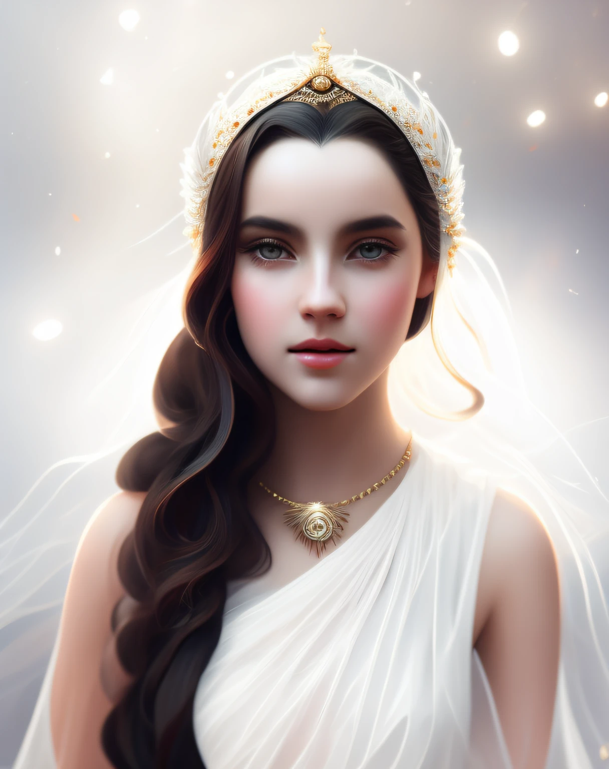 There is a woman with long hair and a white dress, Greek mythical queen, digitalpainting, digital fantasy portrait, beste-Qualit, tmasterpiece, hight resolution,  a necklace, Ornaments, beatiful face, on body, Tyndall effect, realisti, Shadow Studio, rim lighting, Digital Painting, renaissance digital painting,  Soft Digital Painting, digital art portrait, hiquality, surround light, Hidden snapshot, photo, hight resolution, 4k, 8K, background blur