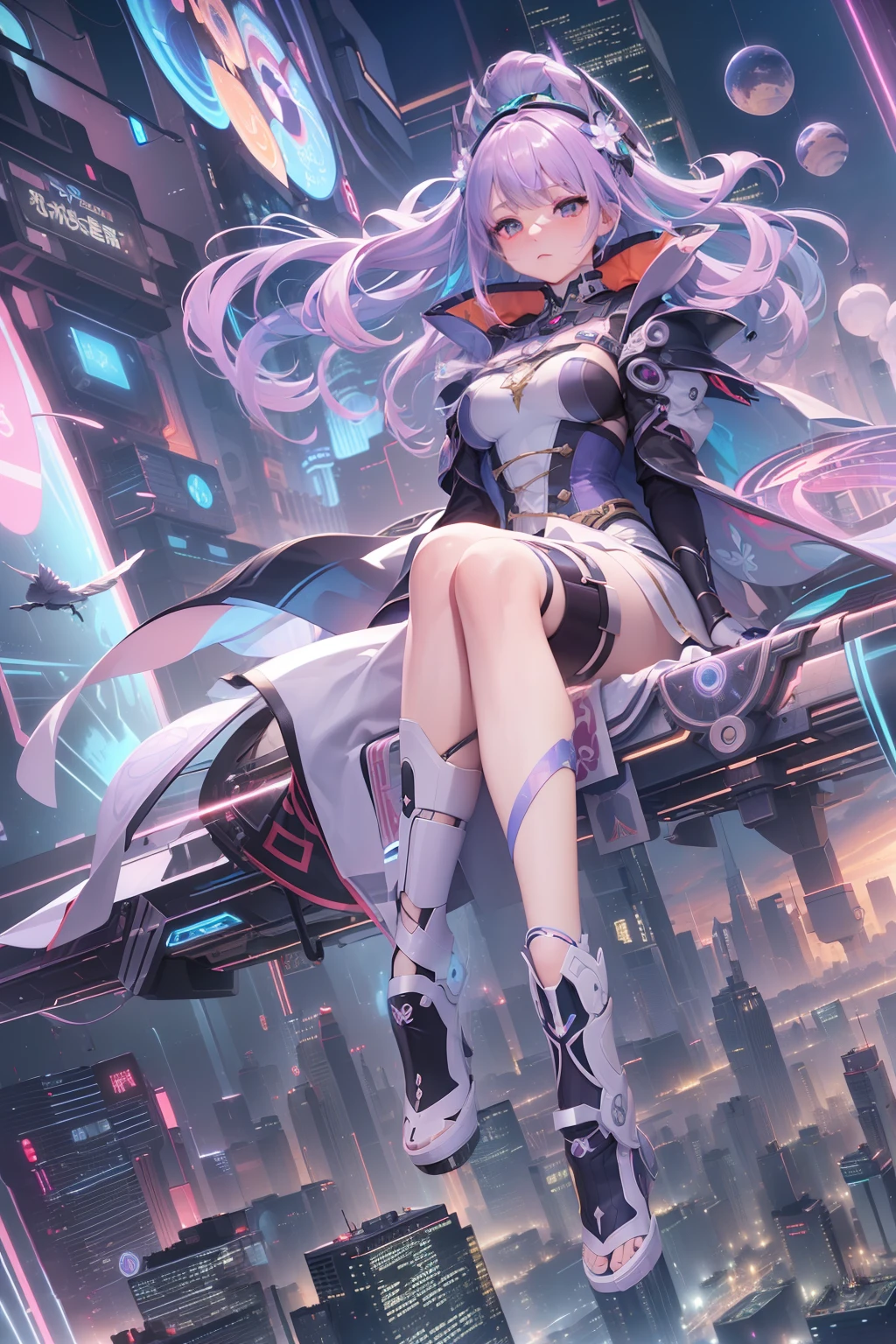 (((masterpiece)))、(((top-quality)))、((ultra-definition))、(High Definition CG Illustration)、((extremely delicate and beautiful))、City of the Future、Cinematic Light、独奏、cyberpunked、2040s、animesque、Dreamy girl、rainbow hair、witch style、magic circles、Magical space、trending on artstationh、Rachel Walker、