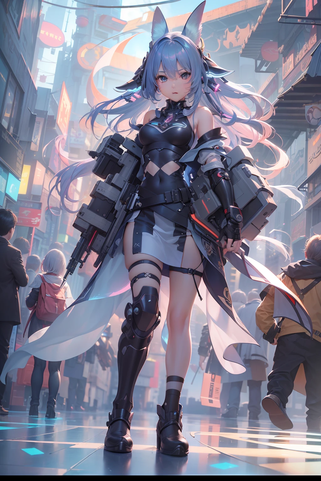 (((​masterpiece)))、(((top-quality)))、((ultra-definition))、(High Definition CG Illustration)、((extremely delicate and beautiful))、City of the Future、Cinematic Light、独奏、cyberpunked、2040s、animesque、Dreamy girl、rainbow hair、witch style、magic circles、Magical space、trending on artstationh、Rachel Walker、