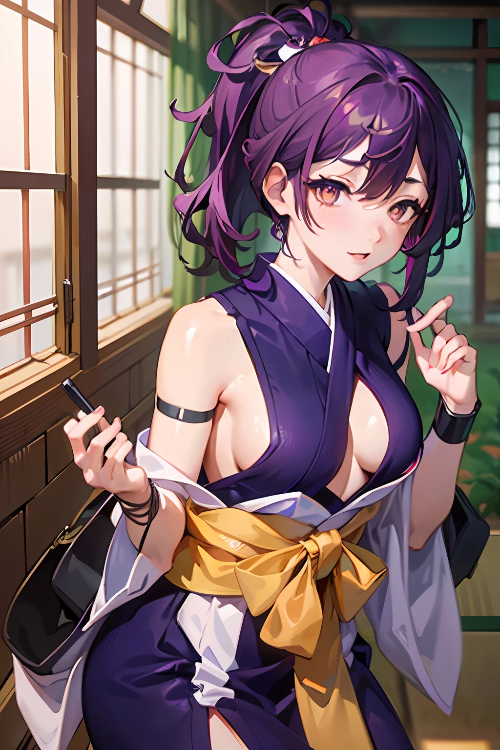 best quality, masterpiece, (leaning over:1.4), 
1girl, yuzuriha_(jigokuraku), purple hair, brown eyes, ninja, kimono, little cleavage, small breasts, , medium hair, mile, , kimono  (blush:1.1), standing, temple,full body,4k, perfect background