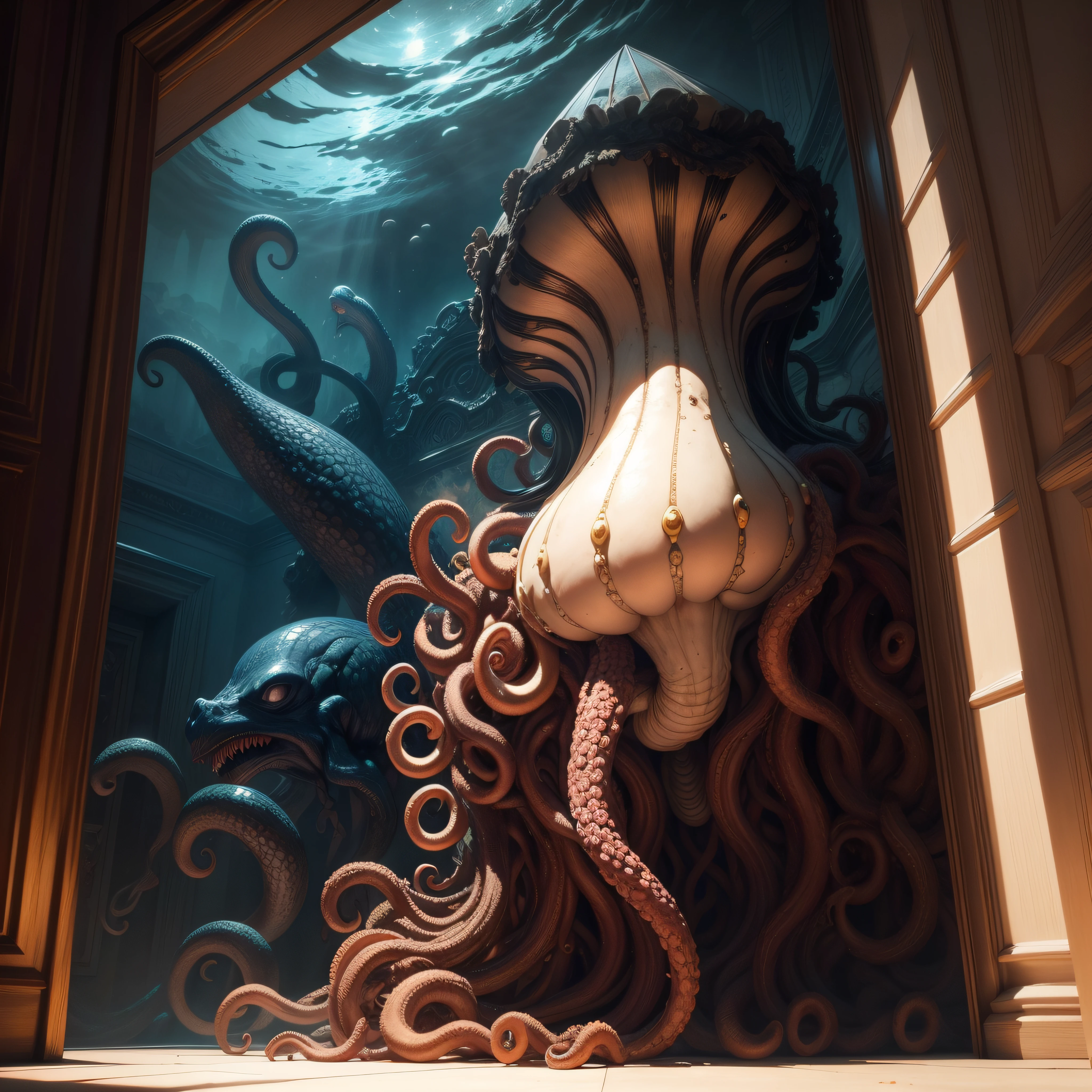 (extremadamente detallado, obra maestra, La mejor calidad), Estilo oscuro, intense illumination, Robotic body, cromado, lengua larga, tentacle, deforme, monstruoso, interior de una piscina de agua verdosa, imagen submarina, alien con Colmillos finos, pico de pulpo amenazante. manchas de tinta. Rococo composition. Luz de caravaggio