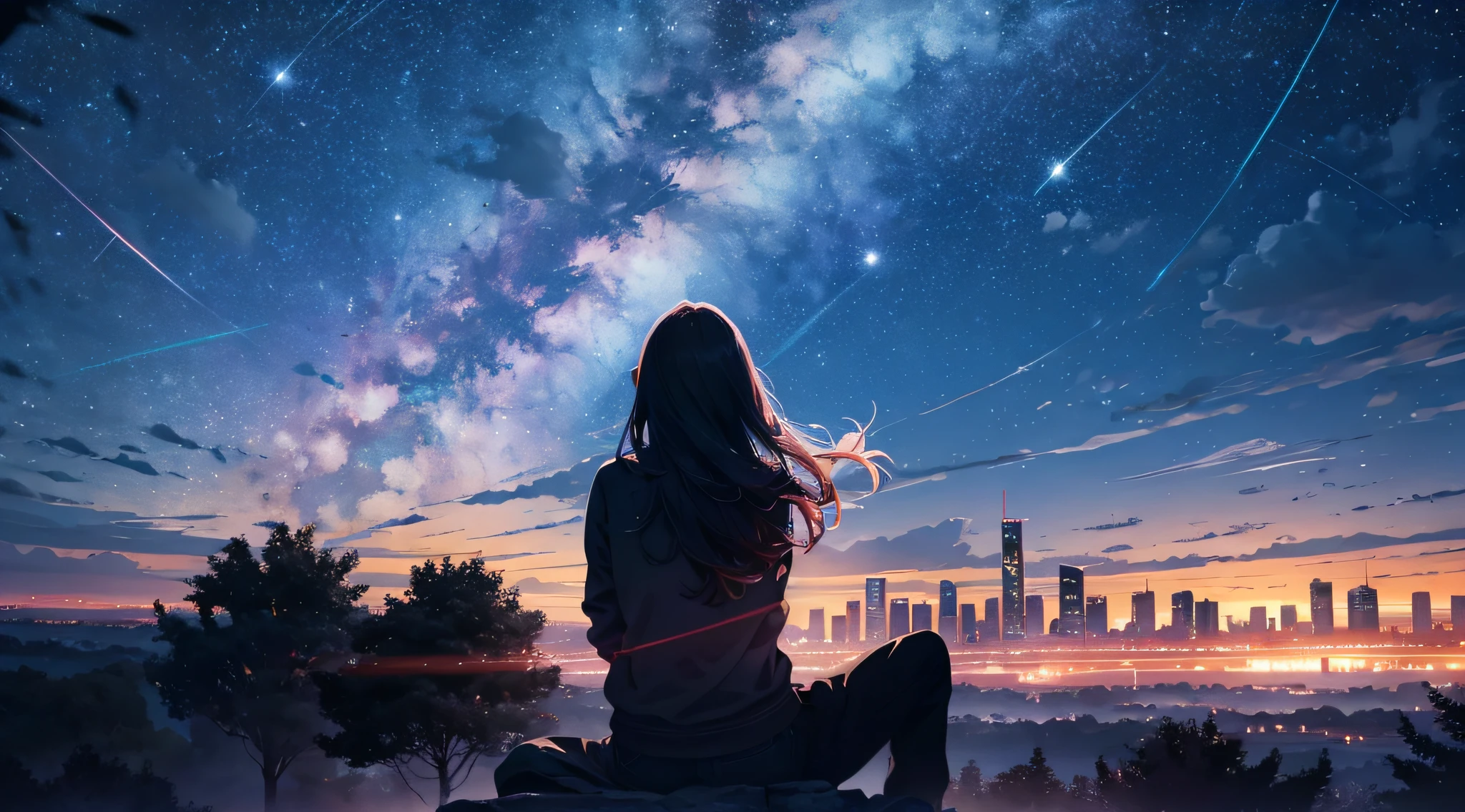 octans, heaven, estrela (heaven), paisagem, starly sky, noite, 1girl, night sky, solo, ao ar livre, constructions, milky ways, sentado, brazi, cabelos longo, cidade, silhueta, paisagem urbana