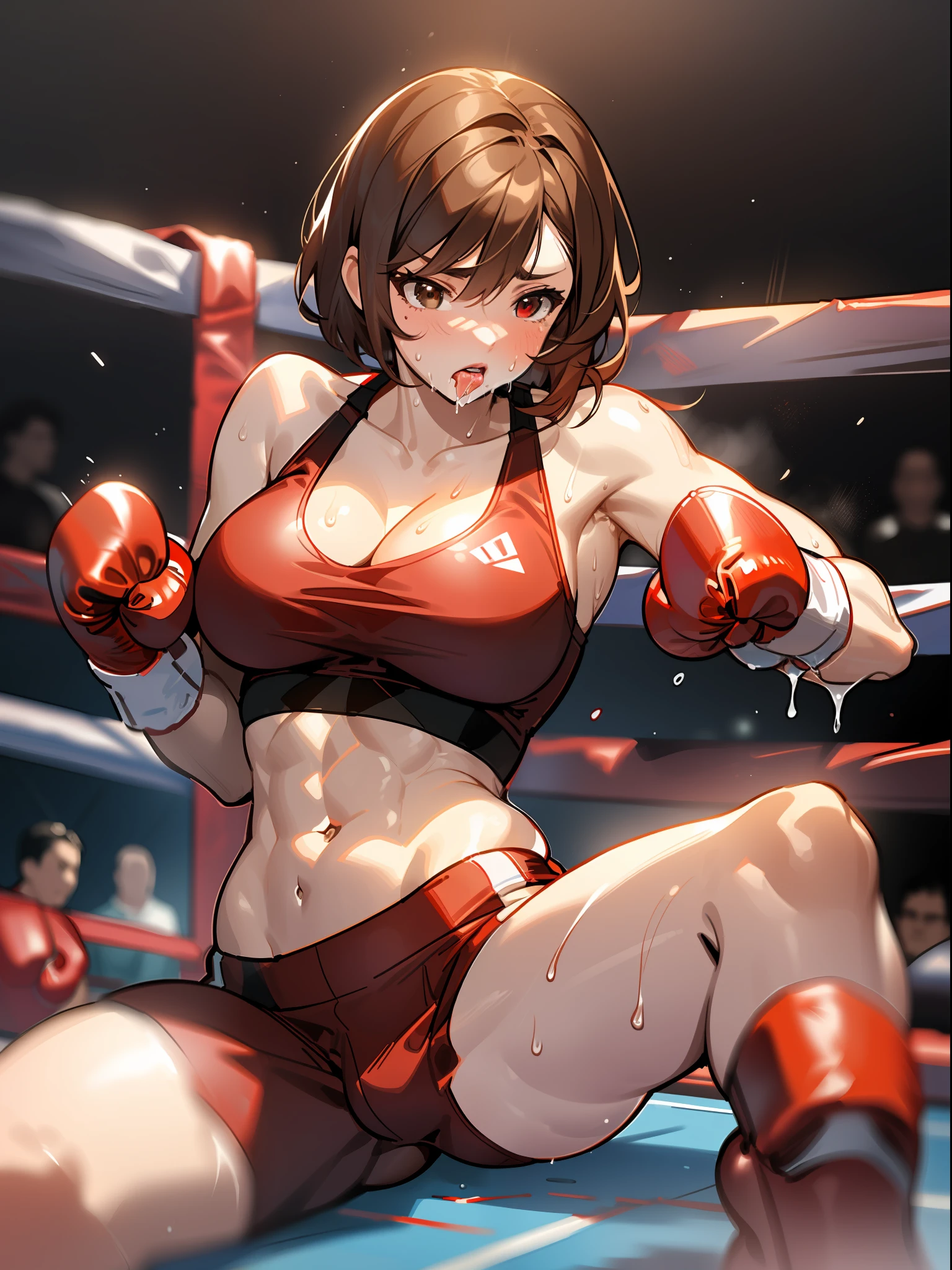 Short cropped brown hair,Female Boxers,((Red Boxing Gloves)),((Black Sports Bra)),well-muscled,abdominals,Large woman((Lying languidly)),Above the ring,Boxing matches,Sweat and saliva all over the body,