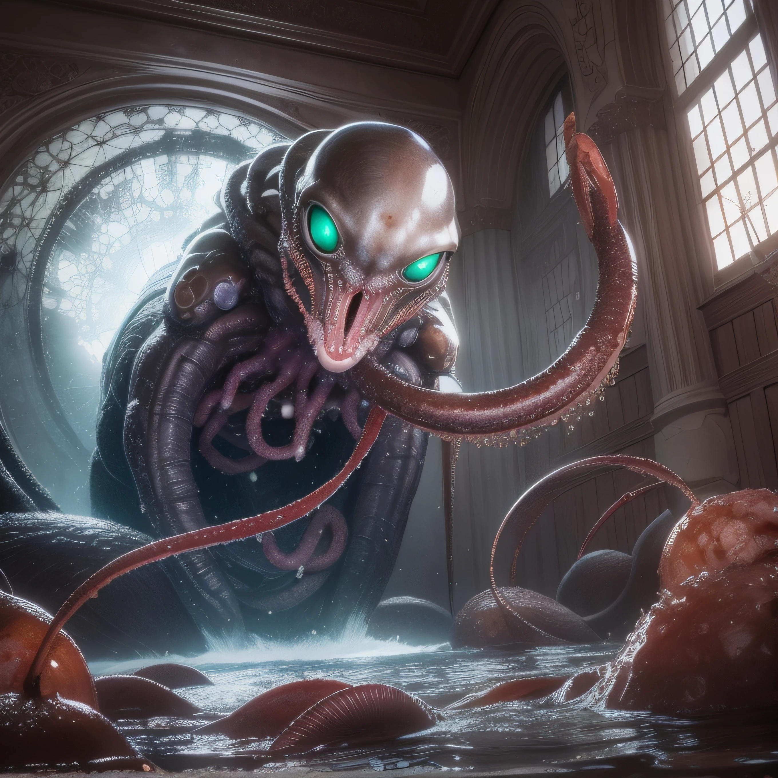 (extremadamente detallado, obra maestra, La mejor calidad), Estilo oscuro, intense illumination, rostro con arrugas, lengua larga, tentacle, deforme, monstruoso, interior de una piscina de agua verdosa, imagen submarina, alien con Colmillos finos, pico de pulpo amenazante. manchas de tinta. Rococo composition. Luz de caravaggio