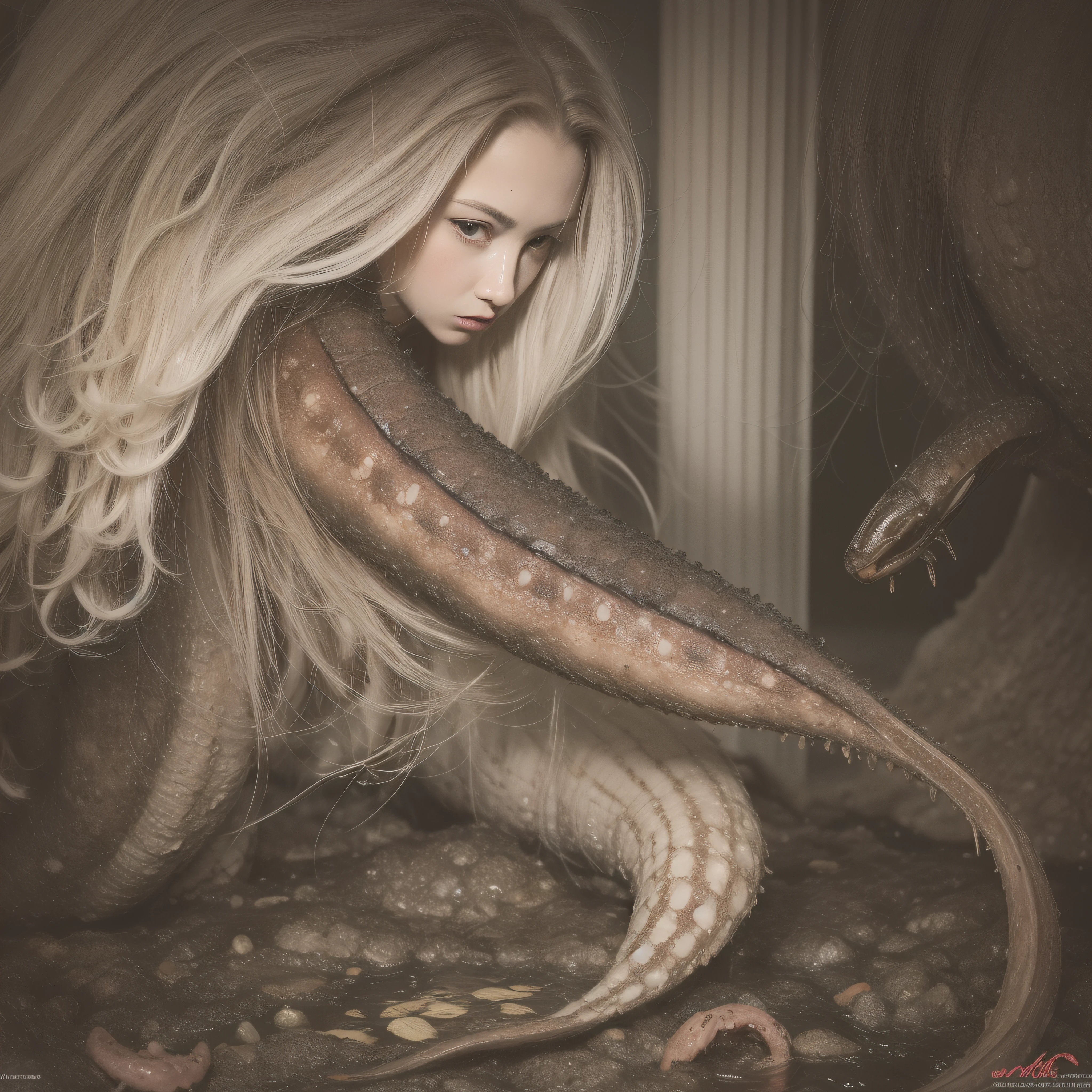(extremadamente detallado, obra maestra, La mejor calidad), Estilo oscuro, intense illumination, rostro con arrugas, lengua larga, tentacle, deforme, monstruoso, interior de una piscina de agua verdosa, imagen submarina, alien con Colmillos finos, pico de pulpo amenazante. manchas de tinta. Rococo composition. Luz de caravaggio