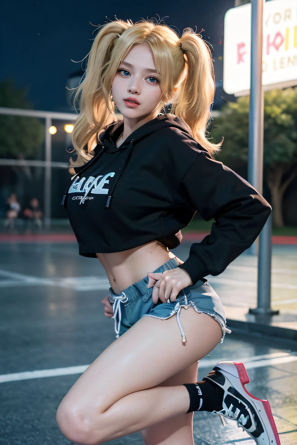 1girl, (Blue eyes), sexy smile, ((Sana Minatozaki)), wide hips, Big breasts, big butt, (Best Quality, 8k, Masterpiece: 1.3)), Clear focus: 1.2, Perfect body beauty: 1.4, Slender abs: 1.2, Wet body: 1.5, Highly detailed face and skin texture, detailed eyes, double eyelids ((twintails blonde hair)), long legs, ((shorts)), ((black_hoodie)), kneepads, rollers, roller skates, skating, extreme sport, jumping, dynamic pose, full body, in a illuminated park at night, big long shot