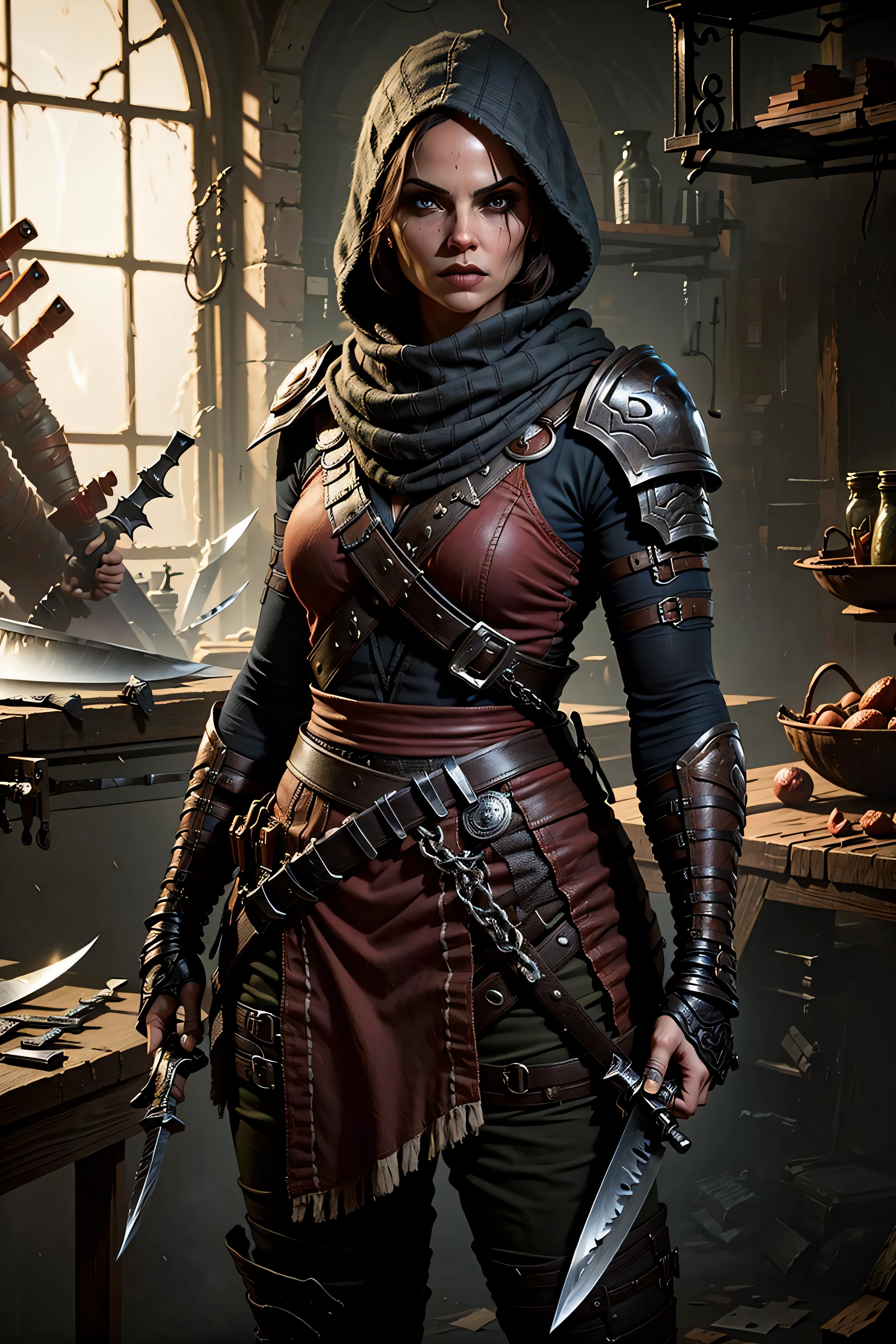 A 1female Rogue standing in front, looking at viewer,( knives in both hands:1.5), in the style of D14bl0