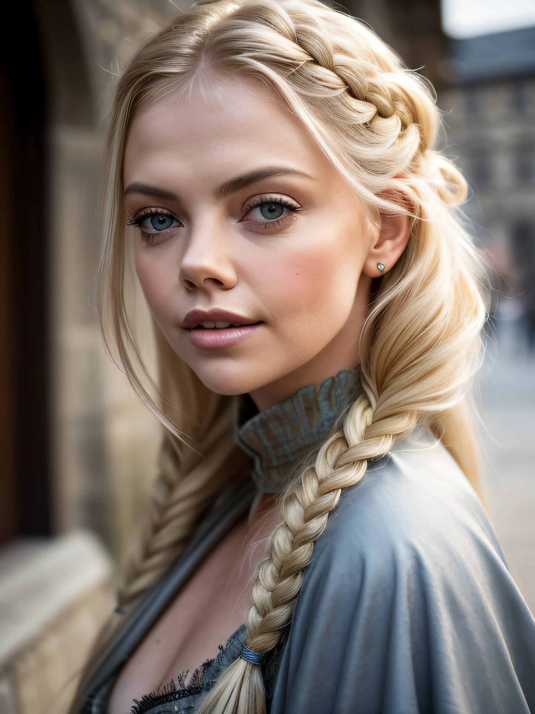 A (portrait photography: 1.2) close up portrait of a mix between Samara Weaving and Charlize Theron as a gorgeous 26 years old medieval fantasy prostitute, pale blonde hair, big single long braid, fantasy medieval fantasy prostitute nice clothes, intellingent look, enticing smile, in a big medieval fantasy city, overcast, cinematic lighting, Canon EOS 5D Mark IV