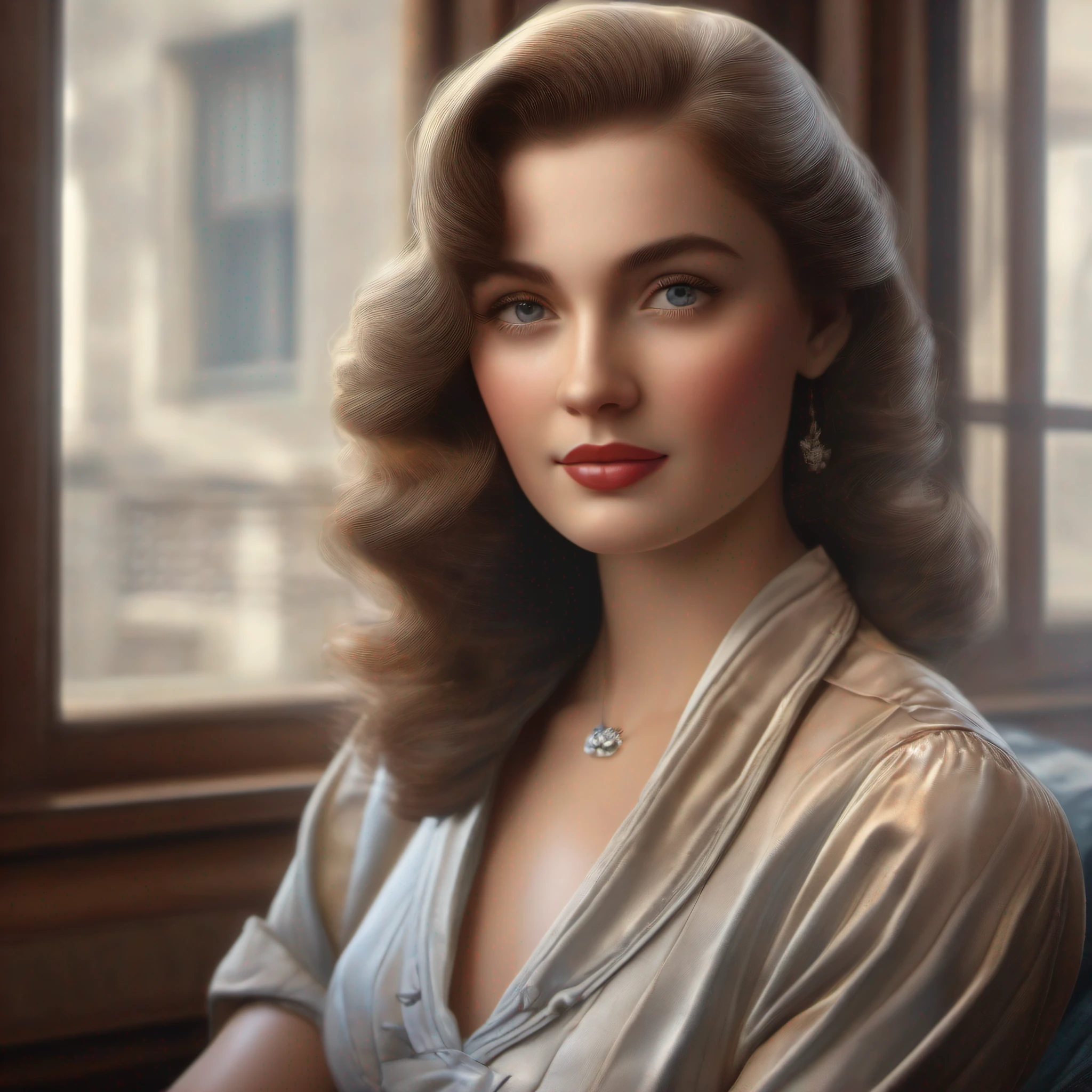 a usa woman face from 1942, real, half body, cute, high quality.4k.high details, full body, classic photo, Beautiful and dignified, near the window, three sides, browne eyes
