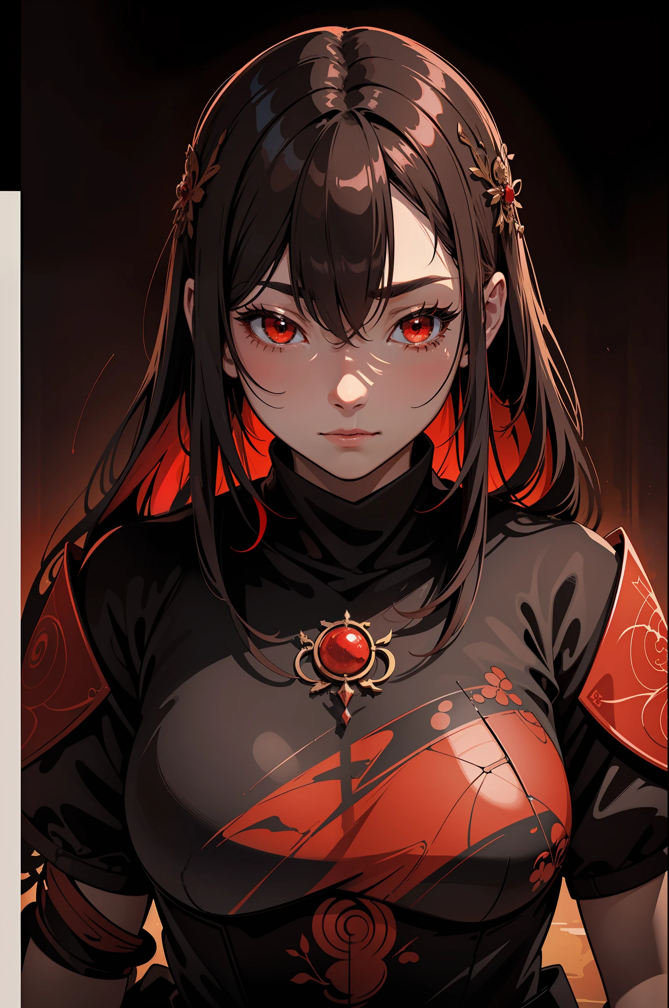 "an enigmatic character on an island, rendered in the captivating style of kawacy, utilizing a palette of dark bronze and red, showcasing luminous brushwork and intense close-ups, evoking an ironical and womancore essence, imbued with a touch of traditional techniques."