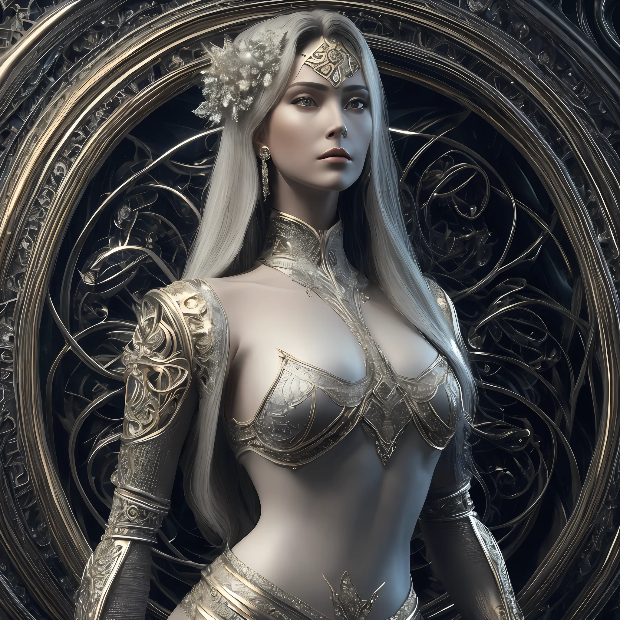 photore，sportrait，Complex 3D rendering of beautiful and charming biomechanical female robot，Has a porcelain finish、simulating、Beautiful natural light、rim-light、150mm lens、an aztec warrior、feater、nipple piercing、Aztec tattoo、flor branca、Vanilla leaves and stems、Meandering roots、white blossoms、Fine-leaved lace、steampunc、Silver-gold filigree detailing、alexander mcqueen haute couture、Pearl earrings、Art Nouveau embroidery、Hexagonal network cable、Mandelbro fractal、face muscles、cable wires、micro Chip、ellegance、Beautiful natural light，Studio lights，rim-light，The is very detailed，ultra-realistic realism，Sharp，rendering by octane,HR Giger style，Volumetriclighting，8 k post production，God floating on fire[The discovery of the wormhole leads to the cursed Prince of the New World having to marry the Void]，[sci-fy：fanciful：0.6J movie lighting，detailedbackground，at centre，Michael Bay style，insane detailed，k hd，concept-art，number art，with dynamism，，（The most beautiful art in the world：1.2）
(Void 3 energy：1.3)
