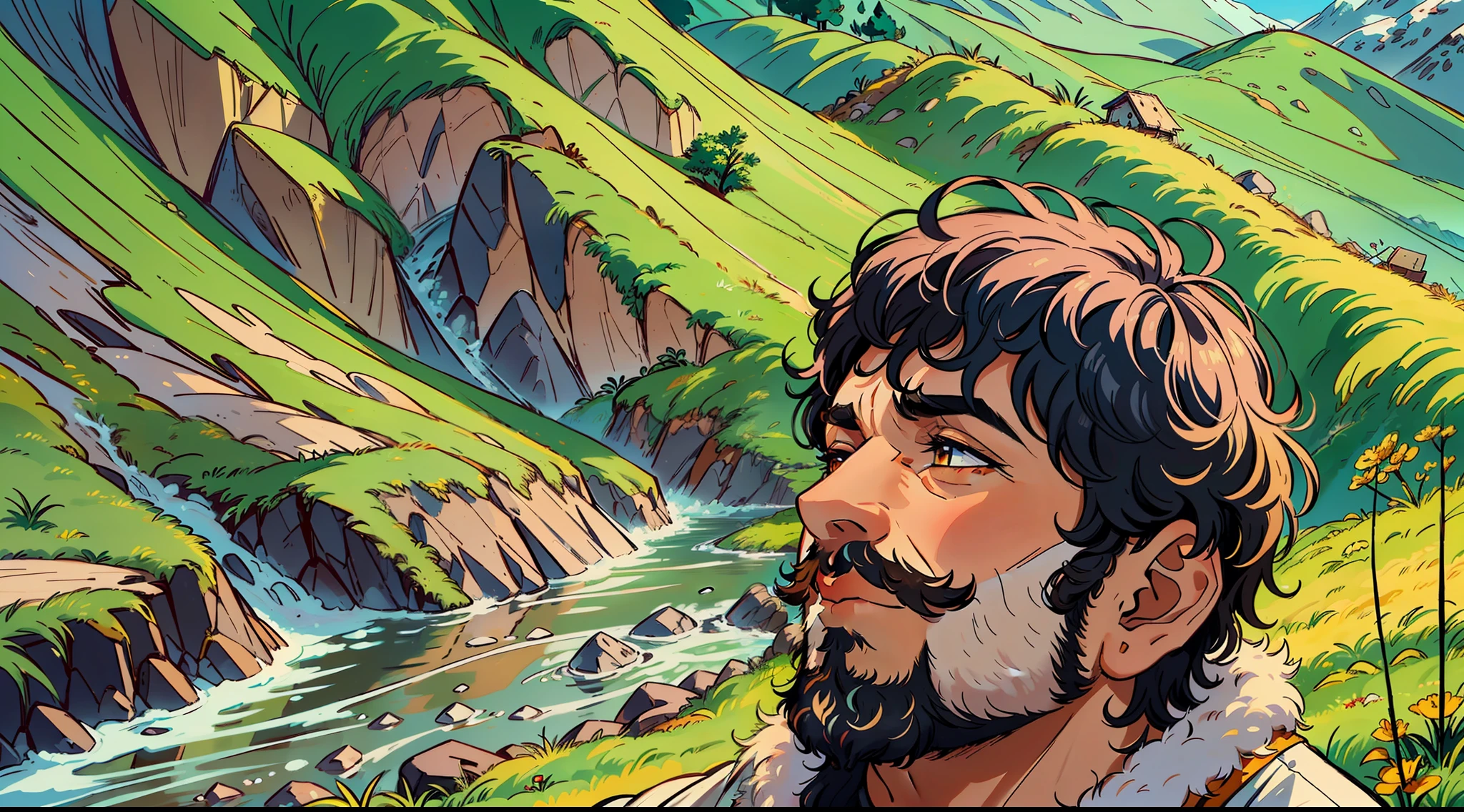 A close-up shot of Vikram the heavy bearded cute boy's face in the hills of himalayas, reflecting a mix of contentment, gratitude, and self-realization, as he witnesses firsthand the positive influence of his love and guidance on others, captured in a fully animated cinematic style