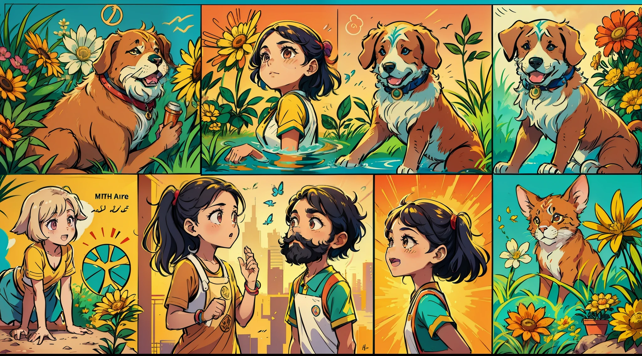 A series of vibrant images showcasing the joy and growth of Aisha as she progresses in her education and starts fulfilling her dreams, portraying the ripple effect of Vikram the bearded boy and Zara the dog's actions.