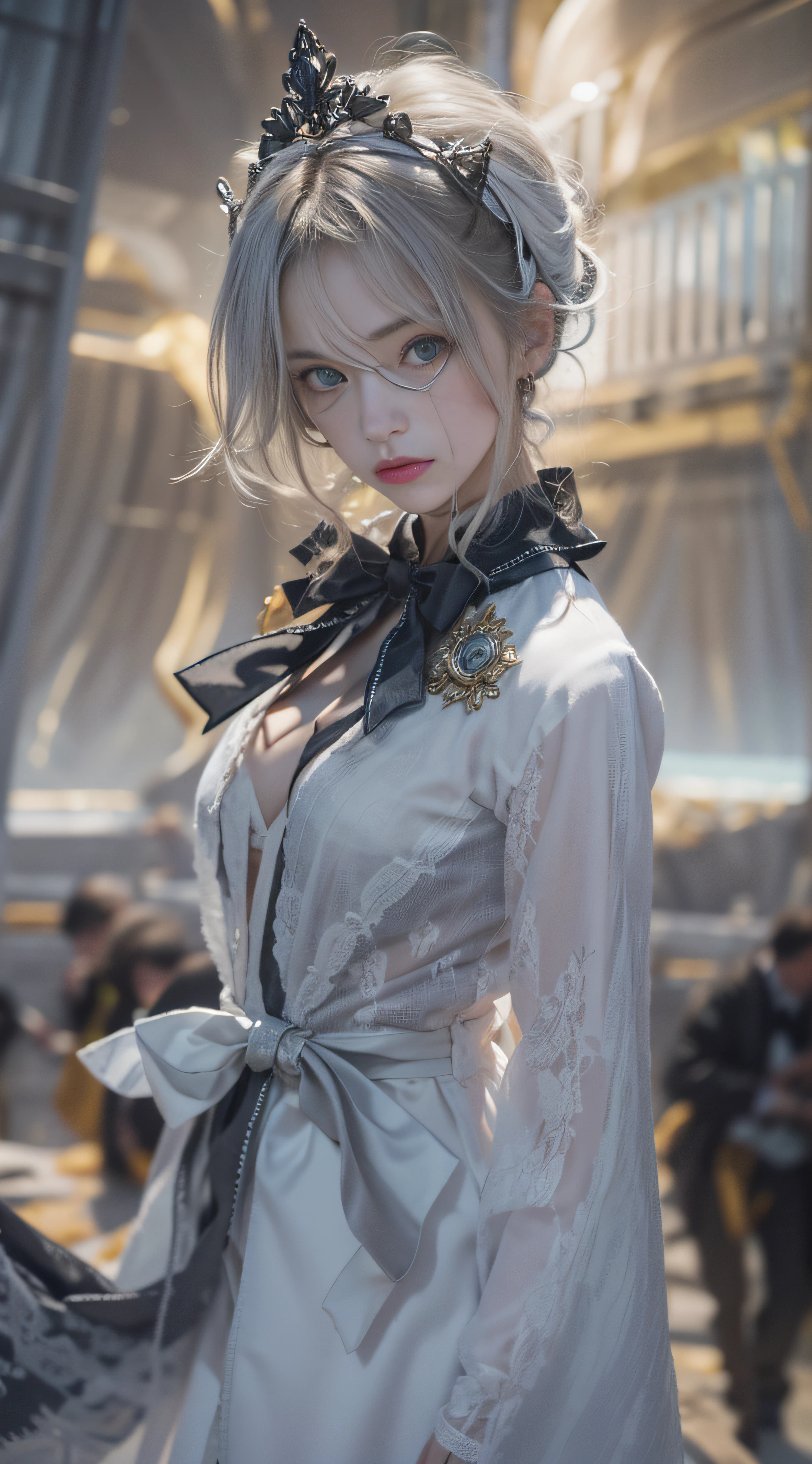 Masterpiece,Best quality, illustration,{beautiful detailed girl},beautiful detailed glow,(Flammes de la guerre:1.2),(Skin nuclear explosion:1.3),Pluie,detailed lighting,Detailed water,(beautiful detailed  eyes:1.1),inexpressif,palais,Cheveux azur,disheveled hair,frange longue,poils entre les yeux,(Robe gris blanc:1.1),ruban noir,White bow tie,taille,gros frais,Regard vide,fleur,manches longues