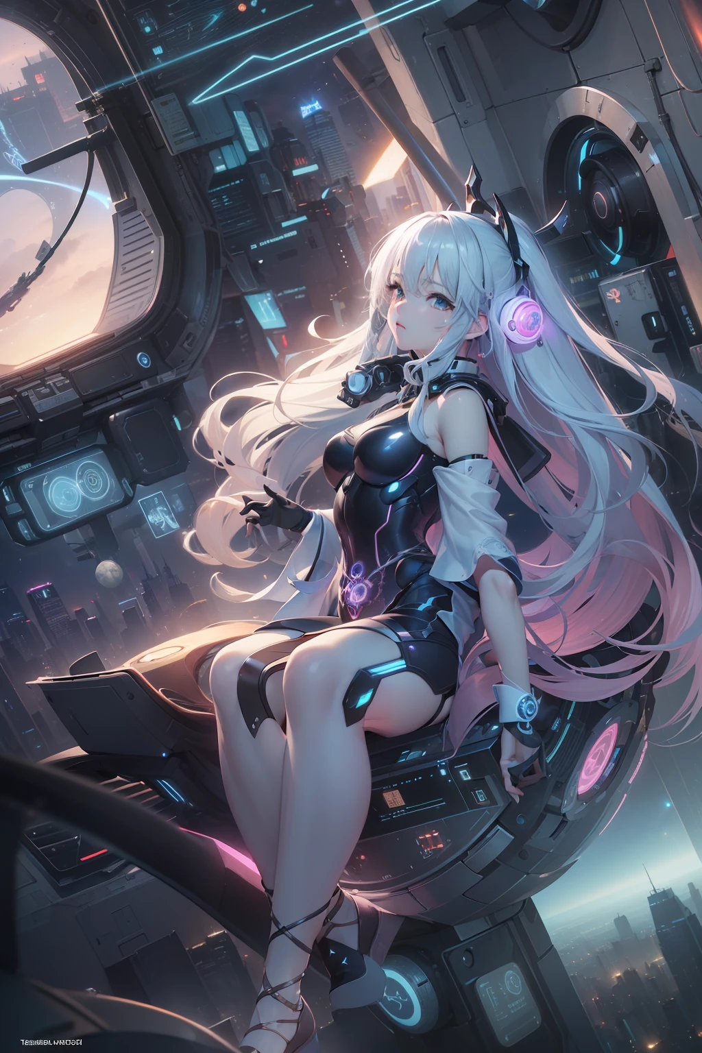 (((masterpiece)))、(((top-quality)))、((ultra-definition))、(High Definition CG Illustration)、((extremely delicate and beautiful))、City of the Future、Cinematic Light、独奏、cyberpunked、2040s、animesque、Dreamy girl、witch style、magic circles、Magical space、trending on artstationh、Rachel Walker、