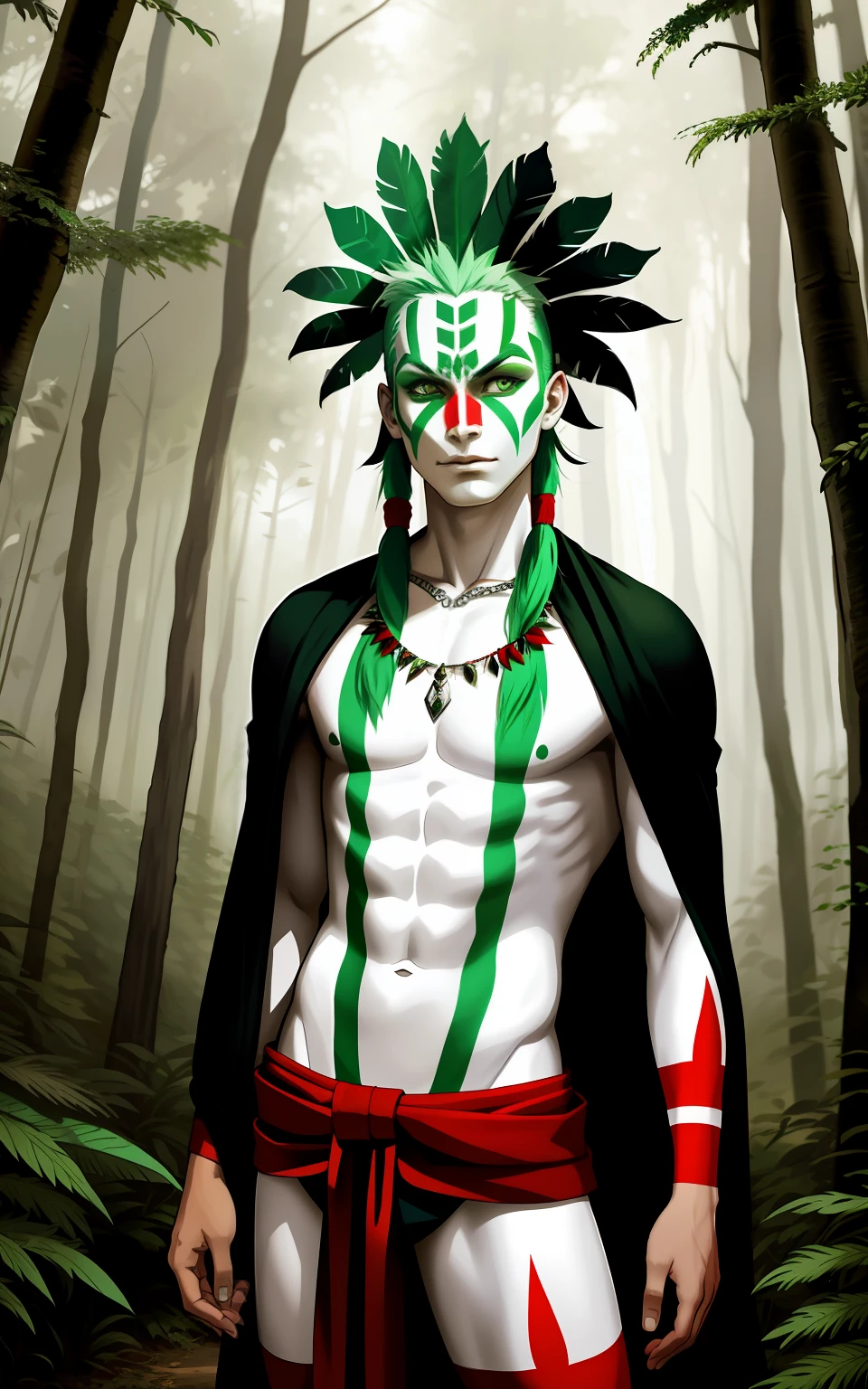 young, indigenous man, 30s, white and green hair, green eyes, tribal red face paint, evil look, in a forest, divine aura, powerful warrior, super white skin, with leaves covering his crotch