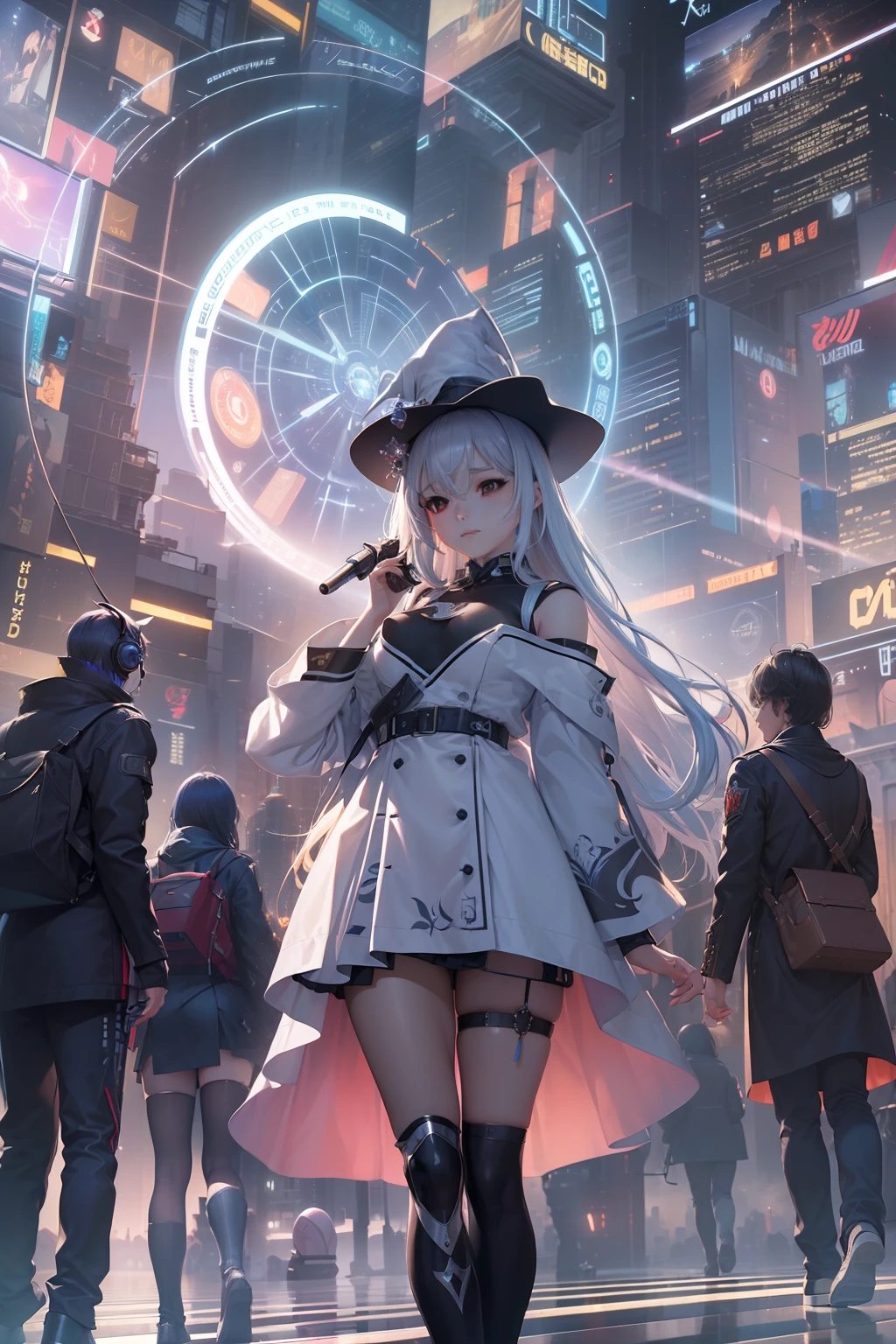 (((masterpiece)))、(((top-quality)))、((ultra-definition))、(High Definition CG Illustration)、((extremely delicate and beautiful))、City of the Future、Cinematic Light、独奏、cyberpunked、2040s、animesque、Dreamy girl、witch style、magic circles、Magical space、trending on artstationh、Rachel Walker、