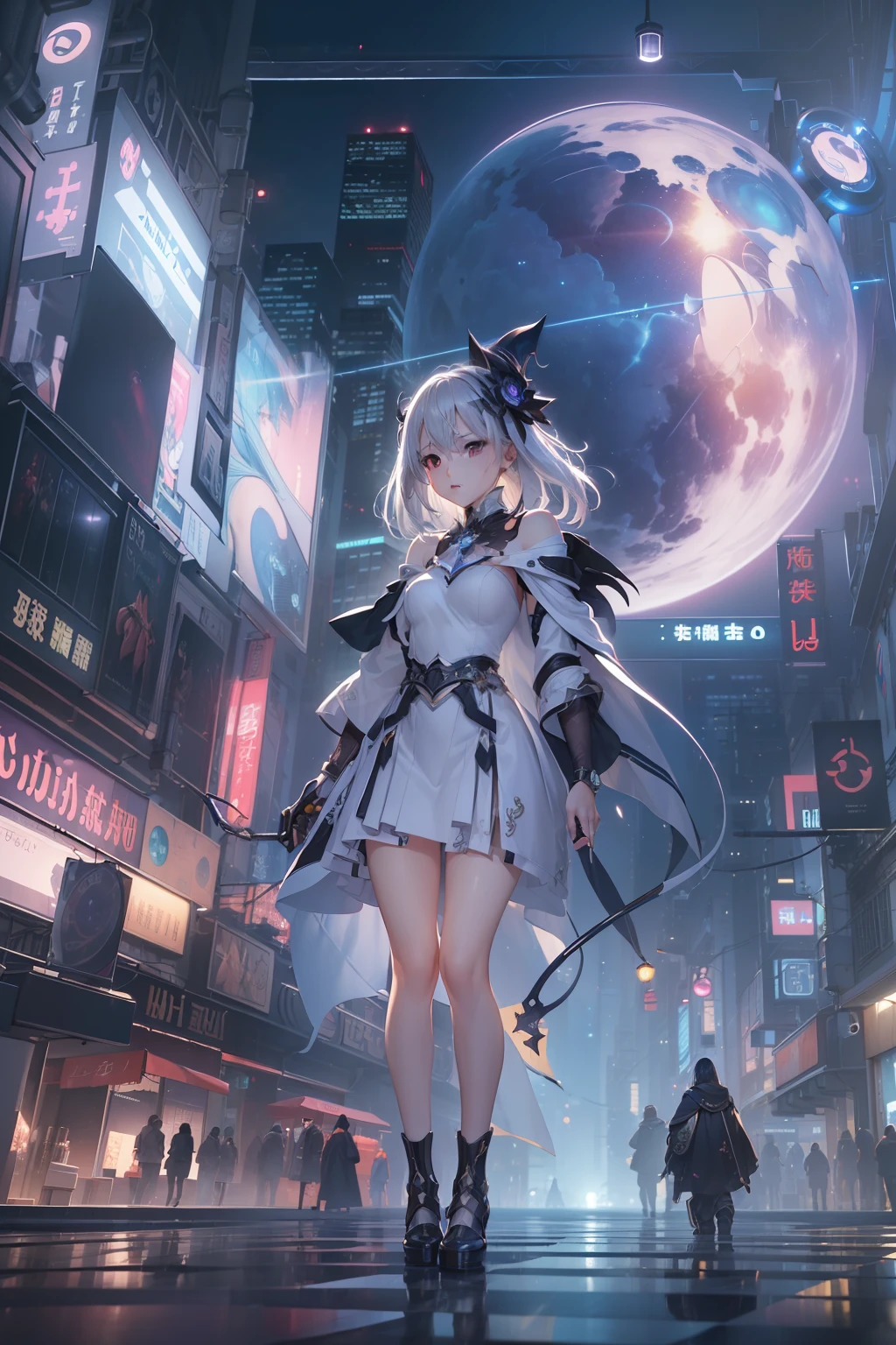 (((​masterpiece)))、(((top-quality)))、((ultra-definition))、(High Definition CG Illustration)、((extremely delicate and beautiful))、City of the Future、Cinematic Light、独奏、cyberpunked、2040s、animesque、Dreamy girl、witch style、magic circles、Magical space、trending on artstationh、Rachel Walker、