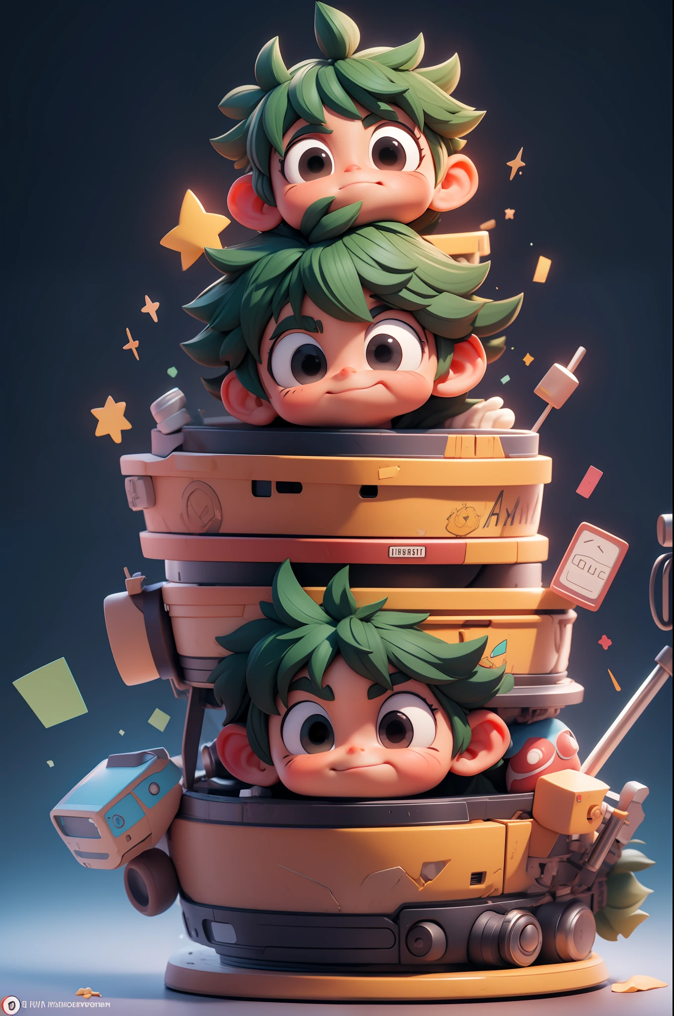 city street, Super cute Izuku Midoriya full body 3D image, 1pc, good eyes looking, big eyes, cute, happy, c4d, pop matt blind box, bright street light, toys, solid color background, chibi, fluorescent translucency, luminous body, kawaii, doll, Reference table, blind box pop mart, Pixar, complex details, 3D rendering, mixer, OC renderer, FOL body reference sheet, Dribble, High Details, 8K, Studio Lighting, Loli, Petite, toddler, Chibi, SD characters: 23, Magic Space Warehouse background, closed hands, fist, closed hands