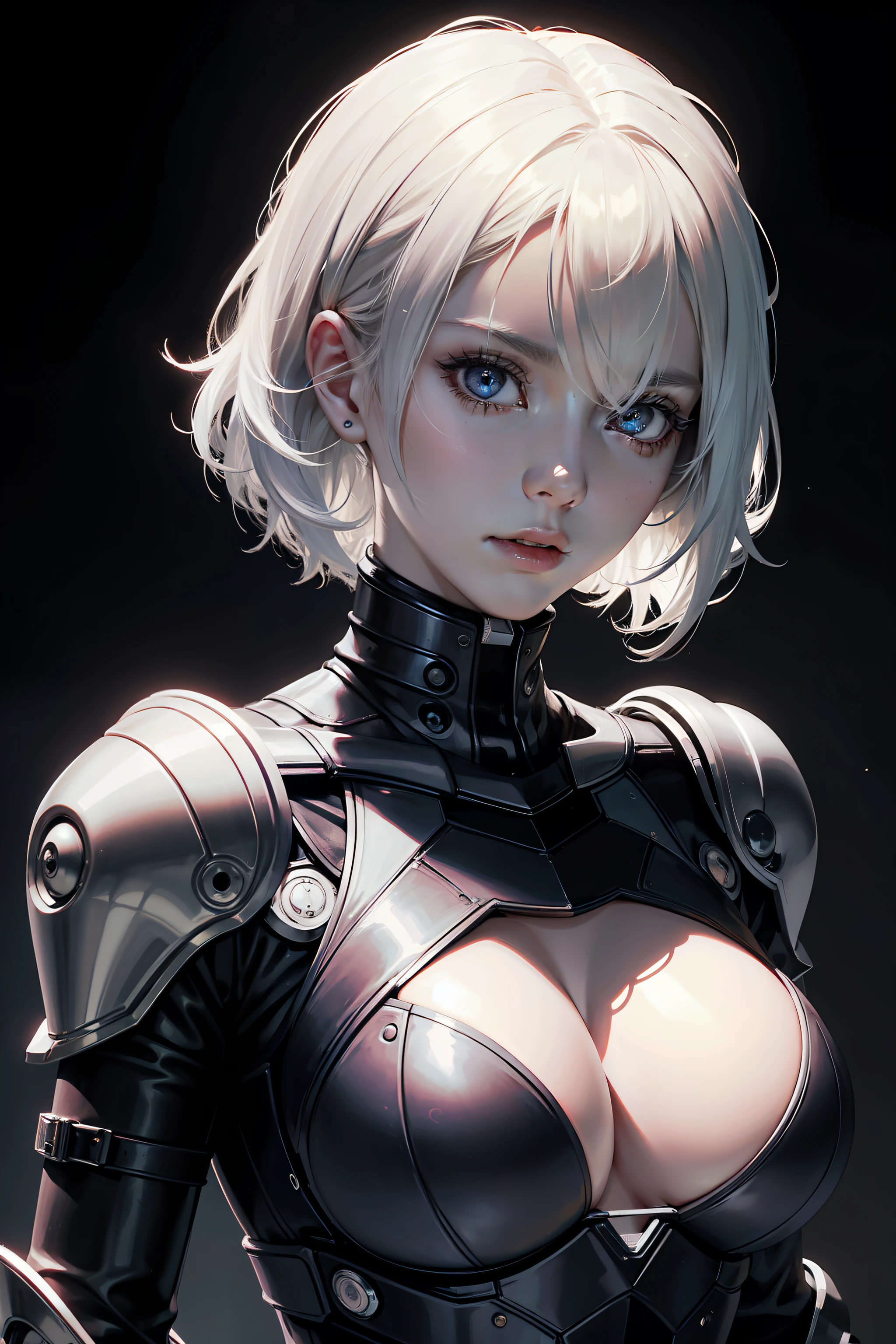 Cold cybergirl bust,short detailed hair,Wear a blood-colored technology exoskeleton,The expression was cold,White eyeballs,super-fine,Full close-up of the head and chest,Fine oval technique composition background,Beautiful image,Multiple monochromes,tmasterpiece,Anatomically accurate,Accurate light and shadow,high detal,High contrast between light and dark;RococoStyle,