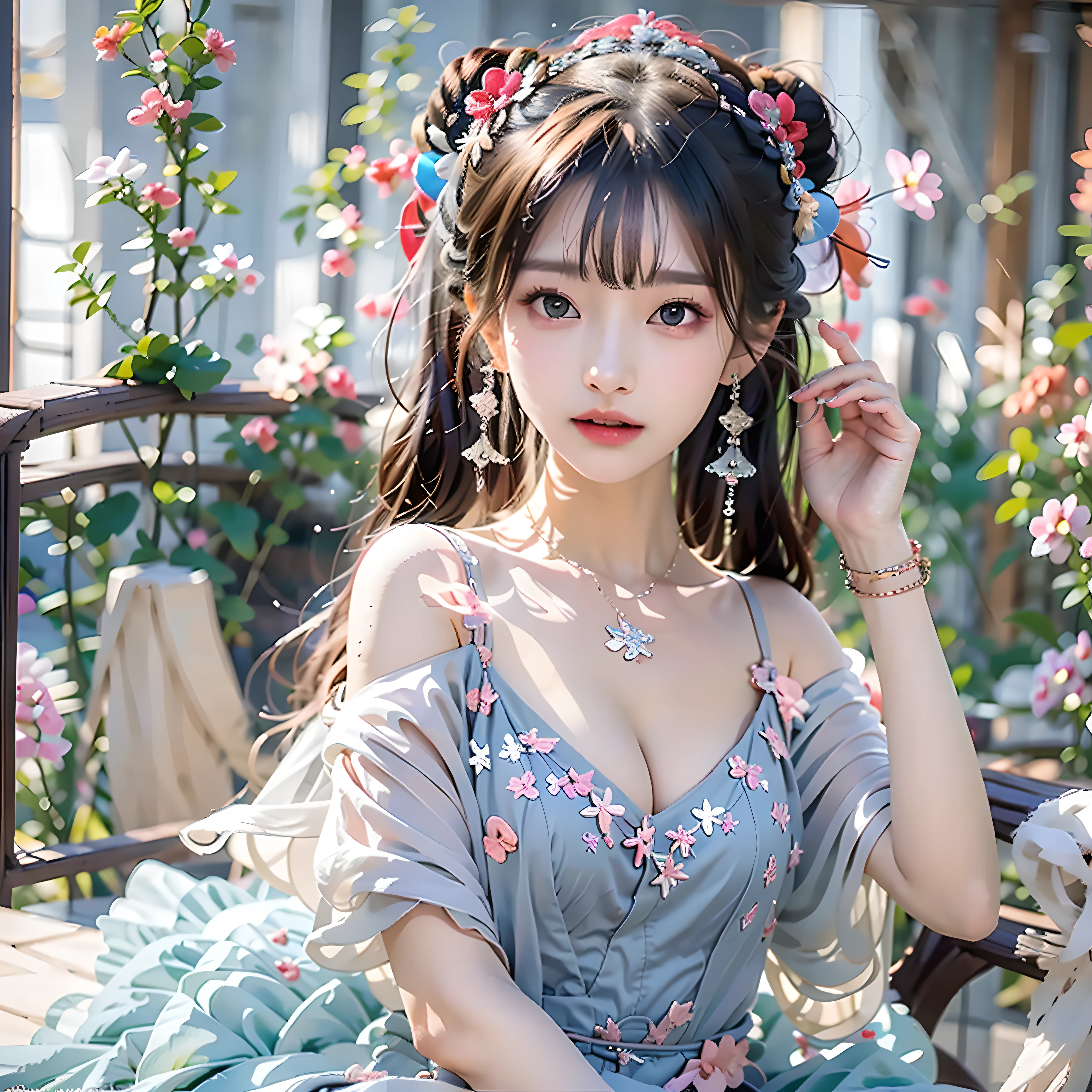 Best quality, Masterpiece, hyper HD, 8K,blend,1girll,Black hair, pony tails, kanzashi, red hairband, Star-shaped pupils, Moles under eyes, Crystal earrings, Blush, Shy, nose blush, Nice face,Light blue dress,lakeside,clubs,early evening,