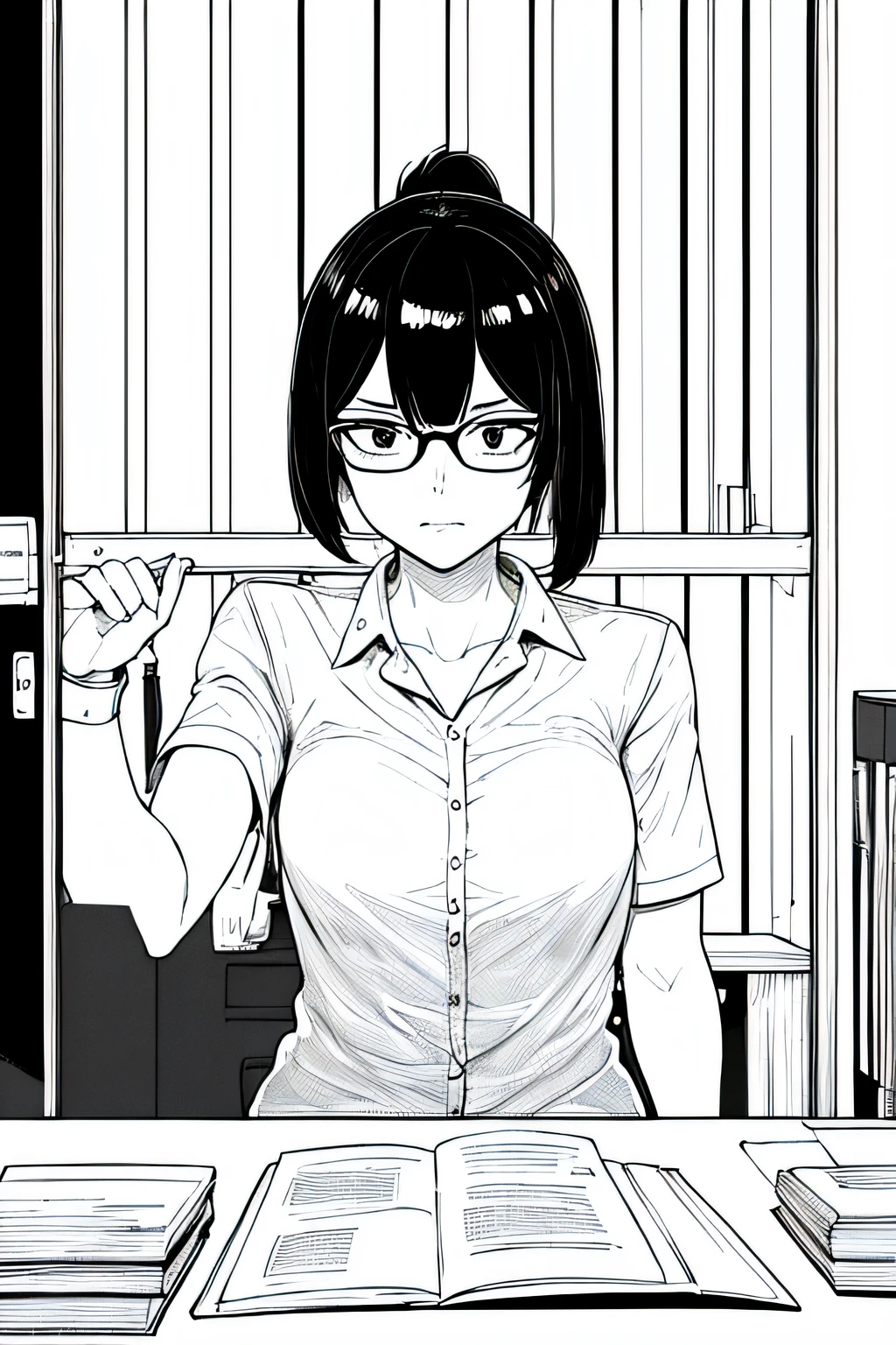 masterpiece, best quality, 1woman, uniform, short bob, hair half up in pony tail, black hair, black eyes, wearing, glasses, cyberpunk, jail cell, monochrome, lineart, hand cuffed to desk, in police interrogation, stressed